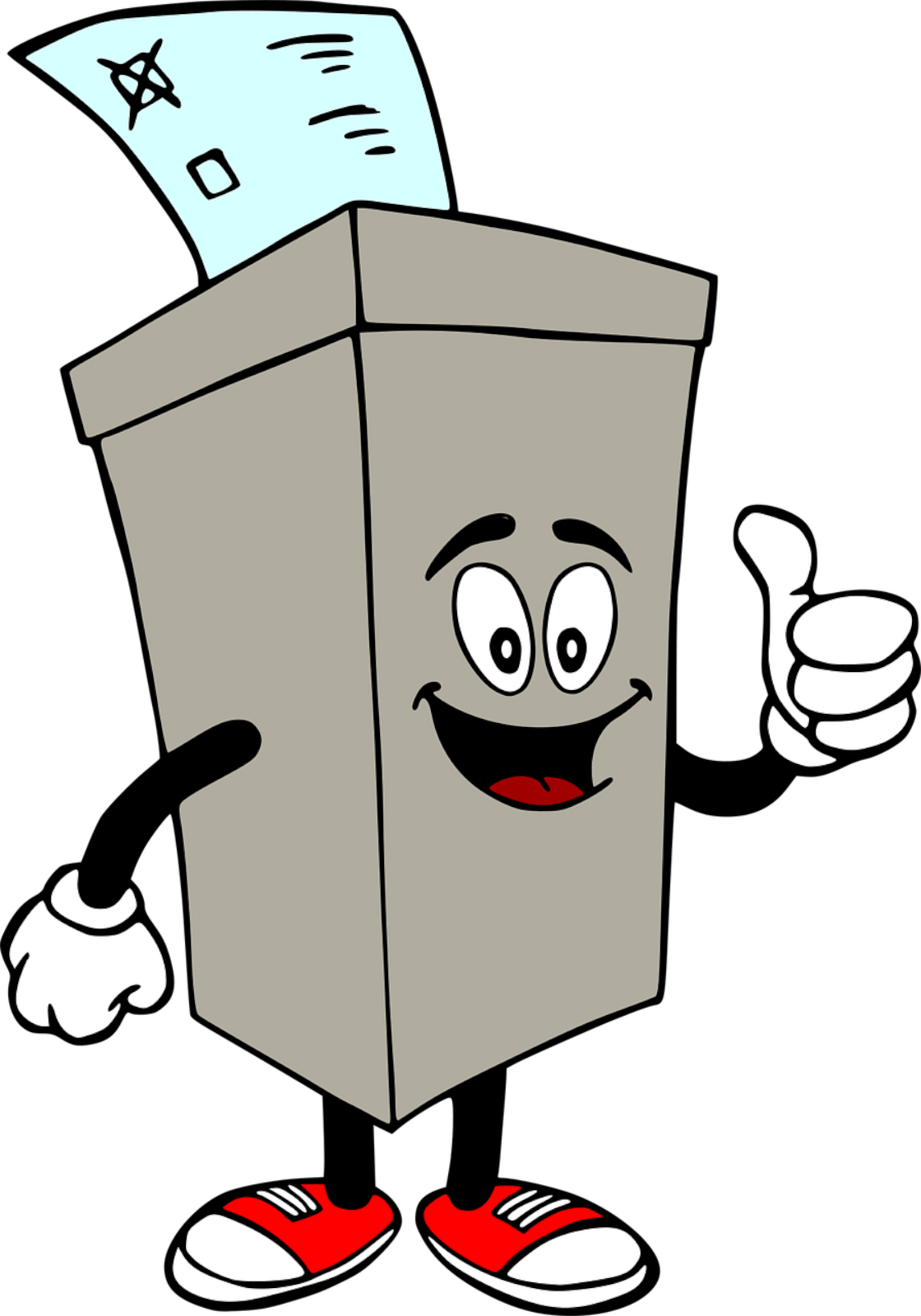 Grafika przedstawia uśmiechniętą urnę wyborczą z rękami i nogami, kciuk jednej ręki ma podniesiony. Z urny wystaje kartka z zaznaczonym znakiem X w jednym z kwadratowych pól, drugie kwadratowe pole jest puste.