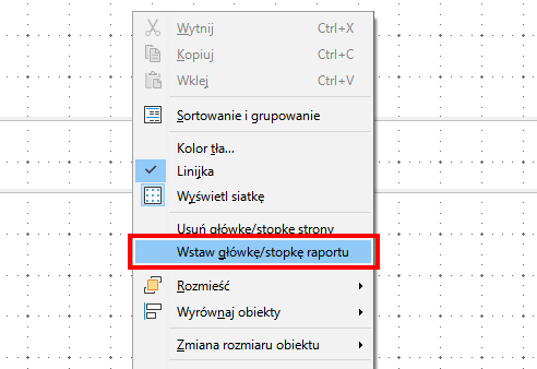 Zrzut ekranu przedstawia listę opcji W czerwonym prostokącie wybrana została opcja Wstaw główkę/stopkę raportu.