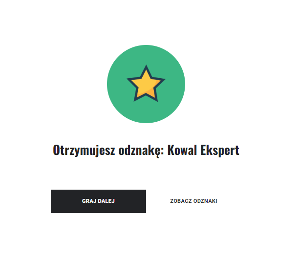 Ekran zdobycia odznaki w grze edukacyjnej