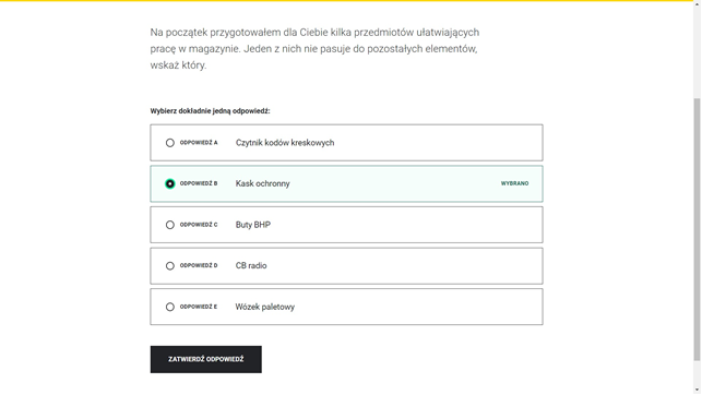 Przykładowy ekran zawierający przycisk "ZATWIERDŹ ODPOWIEDŹ"