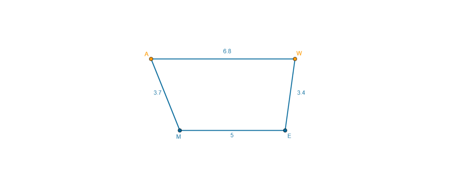 Rysunek trapezu MEWA, długość podstawy ME wynosi 5, długość podstawy AW wynosi sześć i osiem dziesiątych, długość ramienia AM wynosi trzy i siedem dziesiątych, długość ramienia WE wynosi trzy i cztery dziesiąte.