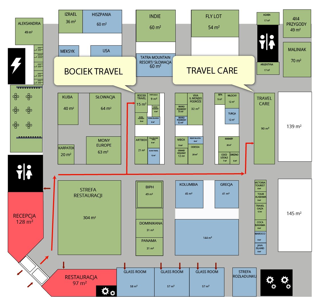 Grafika przedstawia plan przykładowych targów turystycznych. W kwadrat wpisane są różnego rodzaju pola kwadratowe i prostokątne w kolorze zielonym, z oznaczeniami krajów i metrami kwadratowymi. U góry pośrodku dwa jasnożółte dymki z napisami Bociek travel i travel care. W czarnych polach piktogramy obrazujące toalety, pomieszczenia techniczne oraz węzeł elektryczny. W lewym dolnym narożniku widoczne dwa czerwone pola z napisem recepcja i restauracja.  
