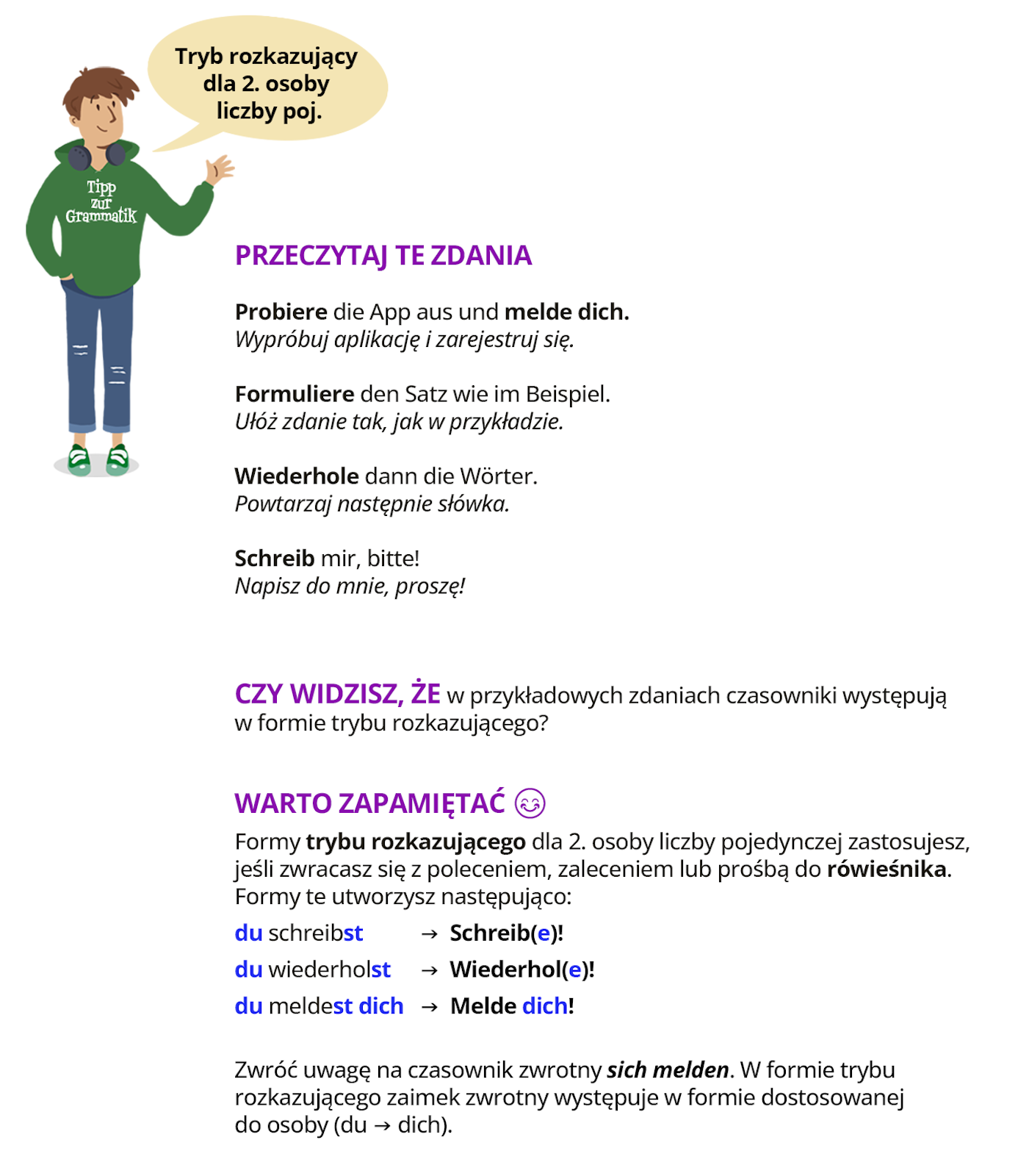 Ilustracja przedstawia poradę gramatyczna pod tytułem Tryb rozkazujący dla 2 osoby liczby pojedynczej. Obrazek wprowadzający przedstawia chłopaka w niebieskich spodniach i  zielonej bluzie   z napisem   Tipp zur Grammatik. Widoczna na grafice treść tekstowa została udostępniona w transkrypcie znajdującym się poniżej.