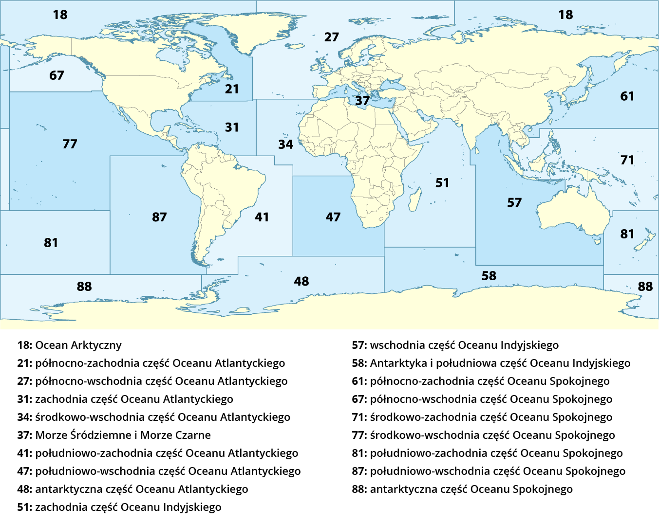 Na mapie świata zaznaczono główne regiony rybołówstwa na świecie. Oceany i morza podzielono na części. Wśród mórz wyróżniono tylko Morze Śródziemne i Czarne. Na oceanach wydzielono obszary odpowiadające kierunkom, czyli na przykład północno-wschodnia część Oceanu Atlantyckiego. Wszystkie oceany są podzielone na części. Wyróżniono: Ocean Arktyczny, północno-zachodnia część Oceanu Atlantyckiego, północno-wschodnia część oceanu Atlantyckiego, zachodnia część Oceanu Atlantyckiego, środkowo-Wschodnią część Oceanu Atlantyckiego, południowo-zachodnia część Oceanu Atlantyckiego, południowo-wschodnia część Oceanu Atlantyckiego, antarktyczna część Oceanu Atlantyckiego, zachodnia część Oceanu Indyjskiego, wschodnia część Oceanu Indyjskiego, Antarktyka i południowa część Oceanu Indyjskiego, północno-zachodnia część Oceanu Spokojnego, północno-wschodnia części Oceanu Spokojnego, środkowo-zachodnia część Oceanu Spokojnego, środkowo-wschodnia część Oceanu Spokojnego, południowo-zachodnia część Oceanu Spokojnego, południowo-wschodnia część Oceanu Spokojnego, antarktyczna część Oceanu Spokojnego, Morze Śródziemne i Morze Czarne.