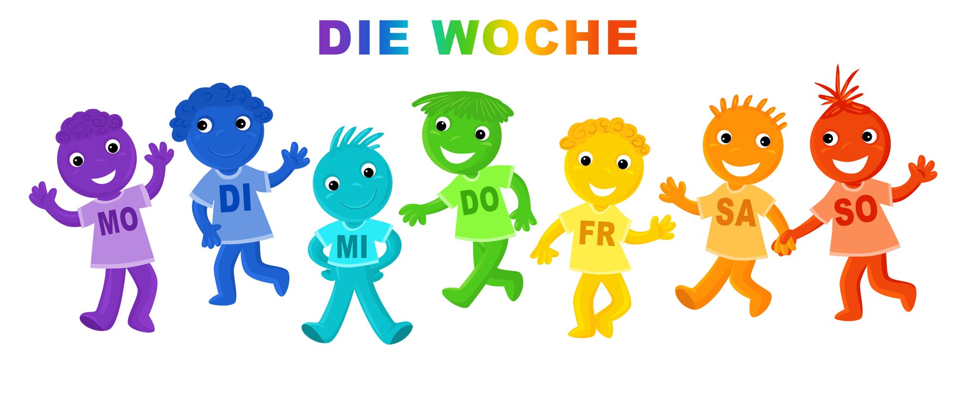 Ilustracja przedstawia siedem różnokolorowych ludzików. Każdy z nich ma koszulkę z dwiema pierwszymi literami kolejnych dni tygodnia.