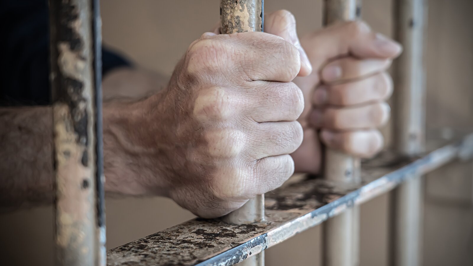 Zdjęcie przedstawia dłonie zaciśnięte na kratach.
