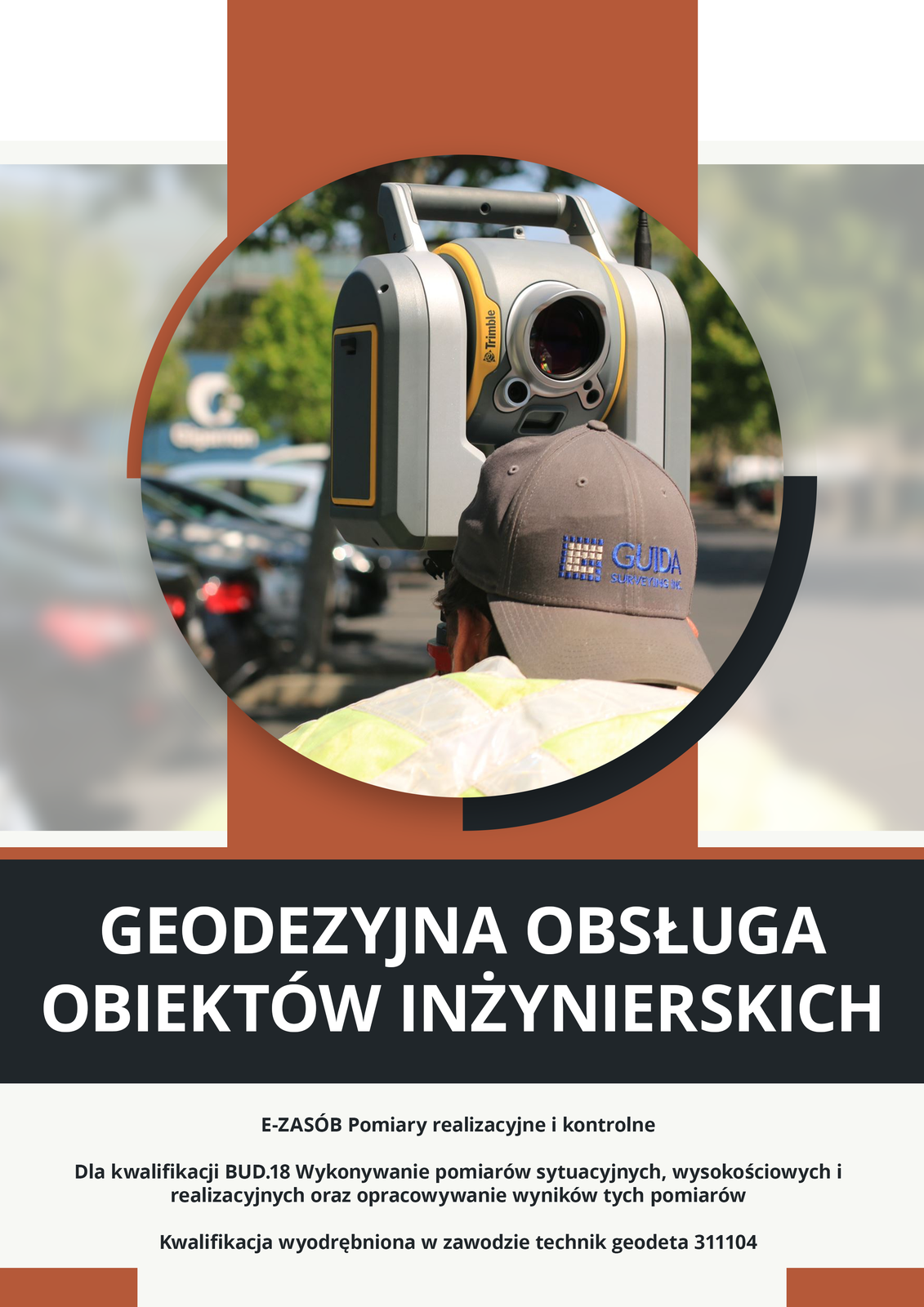 Ilustracja przedstawia okładkę e‑booka. Pośrodku, wpisane w koło, widoczne jest zdjęcie teodolitu oraz głowa osoby patrzącej przez wizjer aparatury. Poniżej, na czarnym tle, widoczny jest tytuł e‑booka: Geodezyjna obsługa obiektów inżynierskich. Poniżej widoczny jest napis: E‑zasób: Pomiary realizacyjne i kontrolne. Dla kwalifikacji BUD.18 Wykonywanie pomiarów sytuacyjnych, wysokościowych i realizacyjnych oraz opracowywanie wyników tych pomiarów. Kwalifikacja wyodrębniona w zawodzie technik geodeta 311104. 