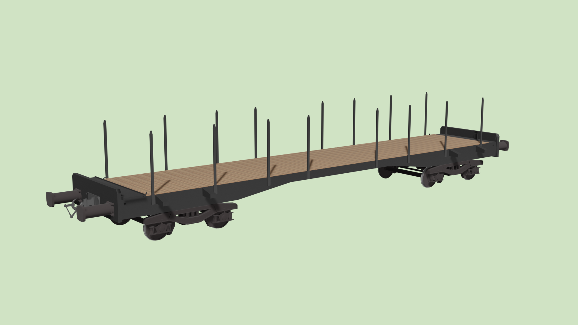 Grafika przedstawia wagon platformy. Nie posiada ścian, ma niskie burty oraz kłonice. 