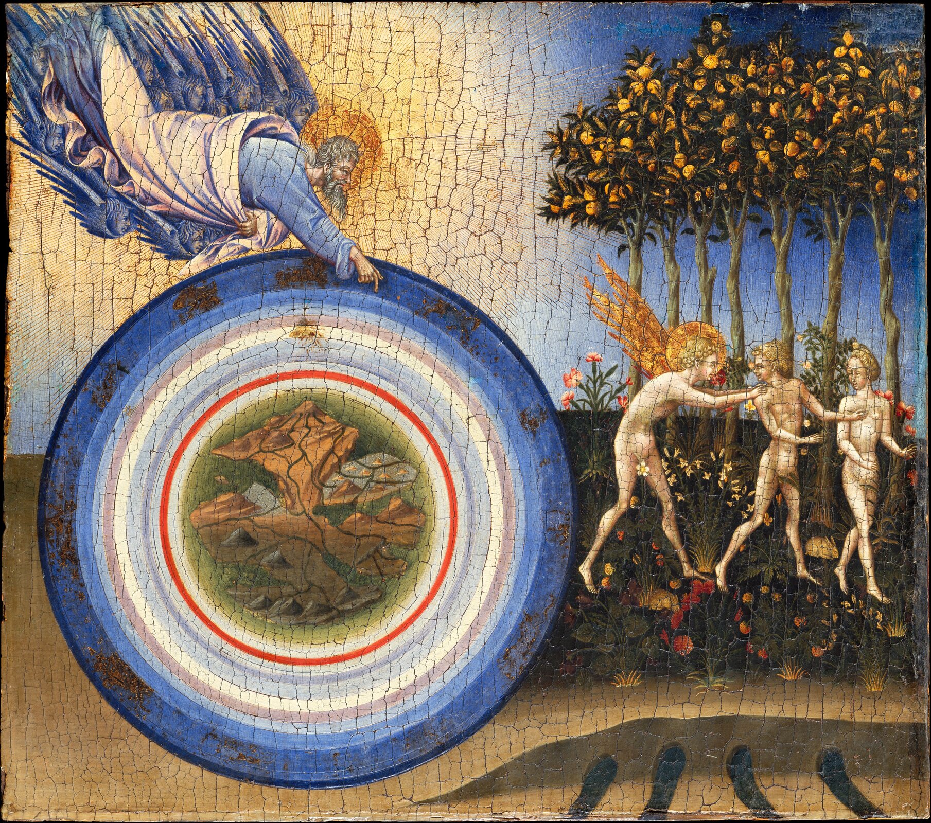 Ilustracja przedstawia obraz Giovanni di Paolo „Stworzenie świata i wygnanie z Raju”. Bóg jako stwórca ukazany jest w narożniku jako świetlista postać z nimbem w okół głowy. Towarzyszą mu aniołowie. Prawą ręką wskazuje na kręgi z dwunastoma gwiazdozbiorami z pasa zodiakalnego. W dalszym kręgu znajduje się słońce oddzielone czerwoną linią od środka, w którym namalowane są góry, lądy i wody. Po prawej stronie ukazany jest raj, z którego anioł wyprowadza Adama i Ewę. Cherubin ma ogniste skrzydła i złoty nimb. Nadzy pierwsi rodzice odwracają się w jego kierunku. Za nimi stoją smukłe drzewa z owocami i rosną kwiaty.