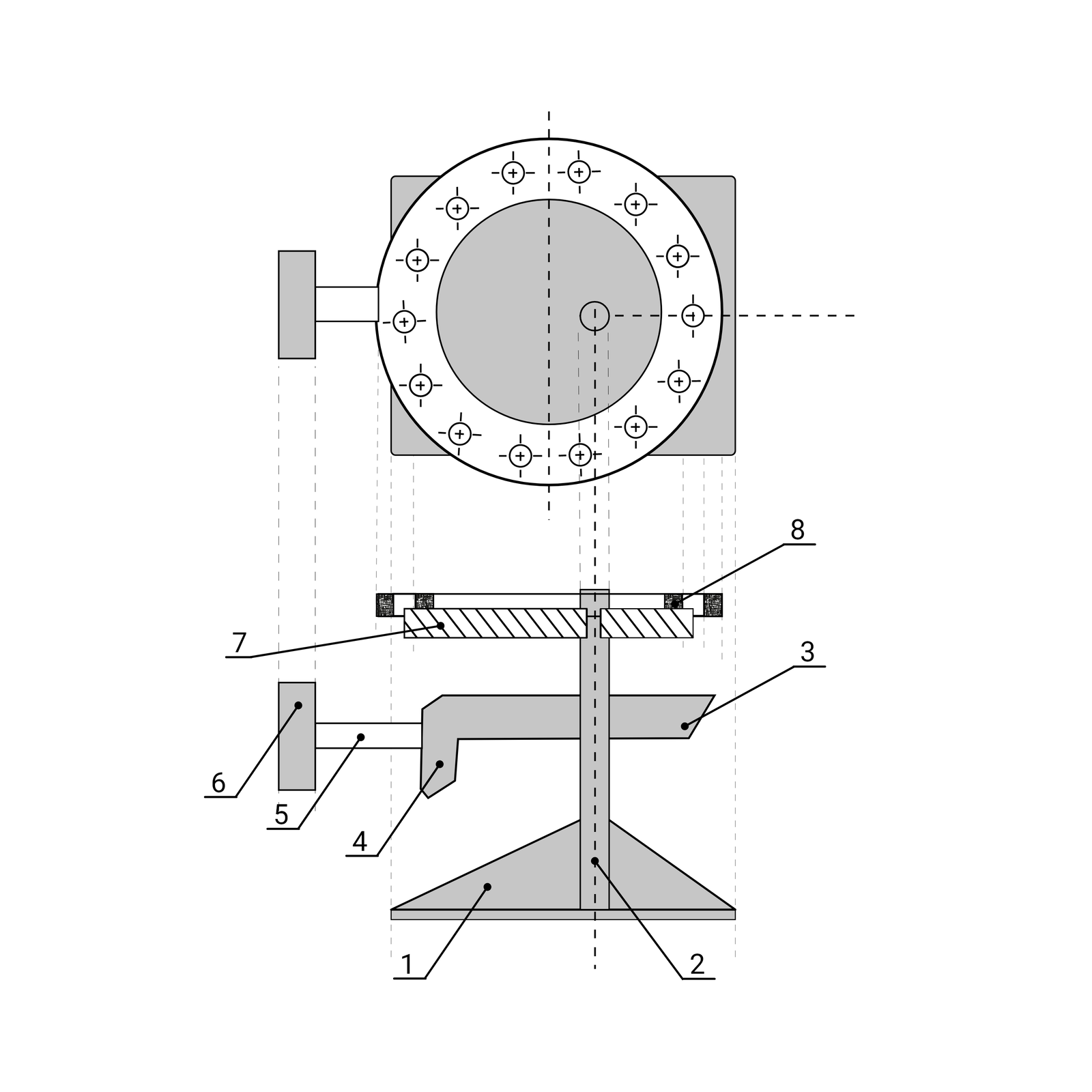 Na zdjęciu widać czarno‑biały schemat kieratu mimośrodowego przedstawiony w rzucie górnym i bocznym. Kierat pompowy jest to urządzenie do pompowania grupowego złożone z silnika z dwoma korbowodami i koła kieratowego, służące do uruchamiania kilku lub kilkunastu pomp wgłębnych.W rzucie bocznym znajdującym się u góry ekranu widać koło składające się z dwóch okręgów. Pod kołem umieszczony jest szary prostokąt. Środek mniejszego okręgu jest koloru szarego. Przestrzeń pomiędzy dwoma okręgami jest biała i znajduje się w niej czternaście małych kółeczek z krzyżykami w środku oraz czterema kreseczkami wychodzącymi na zewnątrz w górę, dół, prawo i lewo. Rozmieszczone są one w równych odstępach, podobnie jak na tarczy zegarowej. Z lewej strony większego okręgu, przyłączony jest poziomo biały prostokąt. Do białego prostokąta przyłączony jest pionowo szary prostokąt.Pod rzutem bocznym, znajduje się rzut górny kieratu . Na samym dole widoczna jest szara, bardzo wąska prostokątna podstawa. W dwóch trzecich jej długości znajduje się szary, wąski prostokąt ułożony pionowo, jest on oznaczony na rysunku numerem 2 i określony mianem wału pionowego. Na prawo i lewo od wału znajdują się dwa trójkąty prostokątne koloru szarego. Lewy z nich jest oznaczony numerem 1  i nazwany podstawą. W dwóch trzecich wału znajdują się dwa elementy. Z prawej strony jest to szary trapez, którego prawy bok zwęża się ku dołowi. Oznaczony jest on numerem 3. Z lewej strony wały znajduje się szary element w kształcie niezaokrąglonego haku, oznaczony jest on numerem cztery. Elementy 3 i 4  to stożkowe koła zębate. Z główki haku wystaje biały prostokąt w orientacji poziomej o numerze 5. Jest to wał poziomy. Do wału poziomego przyłączony jest pionowo szary prostokąt z numerem sześć, określany jako tarcza. U samej góry wału pionowego znajduje się wąski, biały prostokąt o długości równej średnicy większego okręgu. Po prawej i lewej stronie ma fragmenty składające się z czarnego prostokąta, białego prostokąta i czarnego prostokąta. Oznaczony jest numerem 7  i nazwany pierścieniem. Pod pierścieniem znajdują się dwa prostokąty nachodzące na wał pionowy. Prostokąt z lewej strony jest dłuższy i oznaczony numerem 7. Jest to tarcza mimośrodowa. Oba prostokąty są oznaczone jako przekrój za pomocą czarnych linii pod kątem.Pod rysunkiem znajduje się następujący opis z przyporządkowanymi cyframi w formie listy: 1 czyli podstawa,2 czyli wał pionowy,3, 4 czyli stożkowe koło zębate,5 czyli wał poziomy,6 czyli tarcza,7 czyli tarcza mimośrodkowa,8 czyli pierścień.