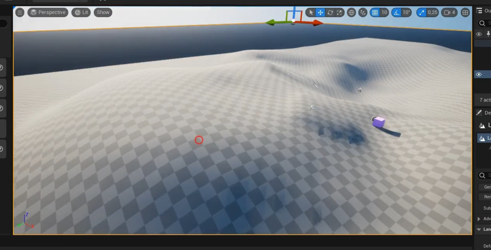 Ilustracja przedstawia zrzut ekranu - panel programu Unreal Engine . Widoczny jest ekran z rozległą, pofalowaną płaszczyzną w kratkę w dwóch odcieniach koloru szarego. W zagłębieniu płaszczyzny, w pobliżu białej krawędzi widoczny jest fioletowy prostopadłościan, a na niewielkim wzniesieniu mały, czerwony okrąg. Na horyzoncie znajduje się niebieska płaszczyzna, na połączeniu jej krawędzi z niebem znajduje się biały punkt. Odchodzą od niego trzy strzałki – niebieska prostopadle w górę, czerwona w prawą, a zielona w lewą stronę. Na górze ekranu znajdują się znaki graficzne.
