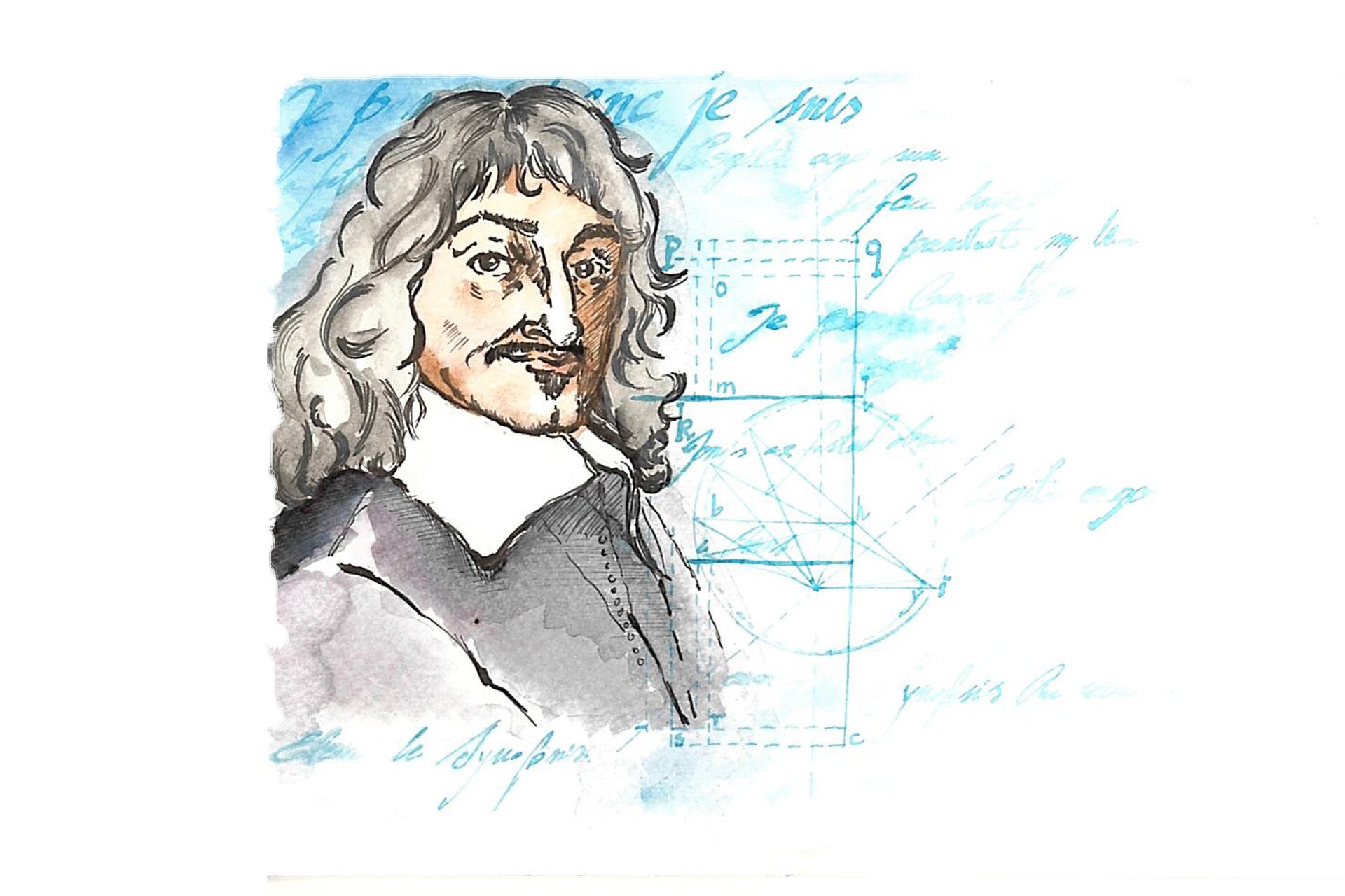 ilustracja przedstawia Kartezjusza na tle zapisków matematycznych. Mężczyzna jest w średnim wieku, ma ciemne kędzierzawe włosy, wąsy i ma na sobie elegancki surdut z dużym płaskim kołnierzem. 
