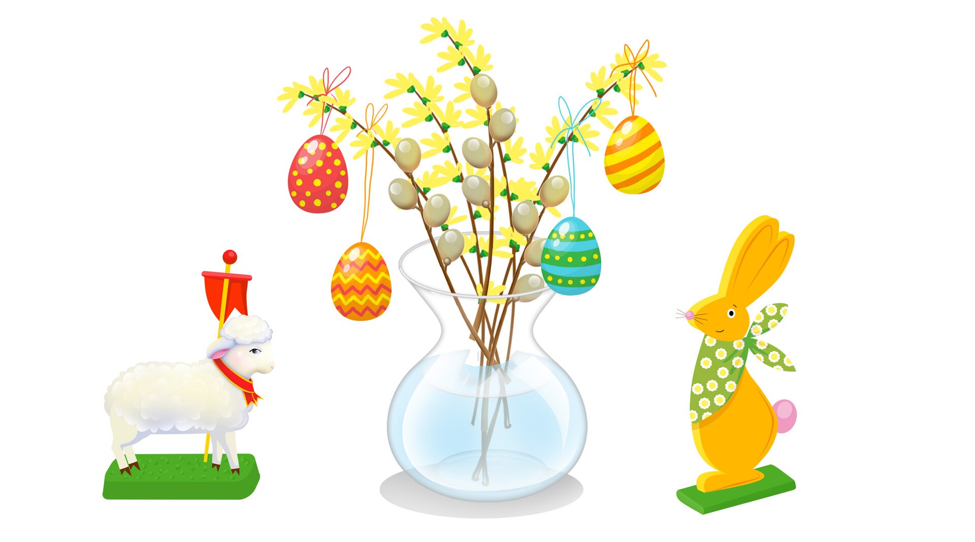 Na ilustracji znajduje się dzbanek z baziami i jajkami, baranek i zając.