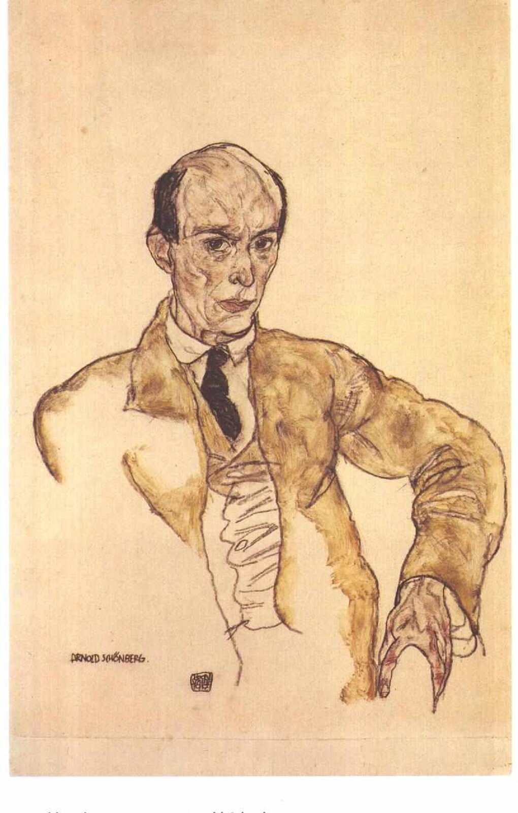 Ilustracja przedstawia portret Schönberga w lekko karykaturalnym wydaniu. Mężczyzna lekko łysiejący, ubrany elegancko w jasny garnitur i białą koszulę.