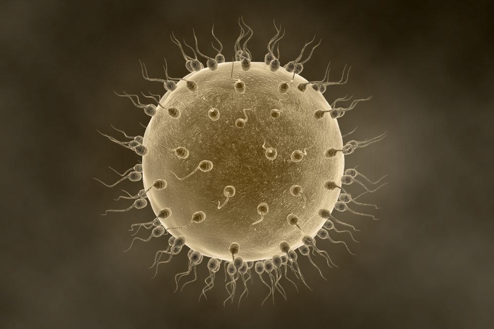 Zdjęcie komórki jajowej i otaczających ją plemników. Plemniki otaczają komórkę jajową z każdej strony. Komórka jajowa ma kształt okrągły, natomiast plemniki mają kształt główki z ruchomym ogonkiem.