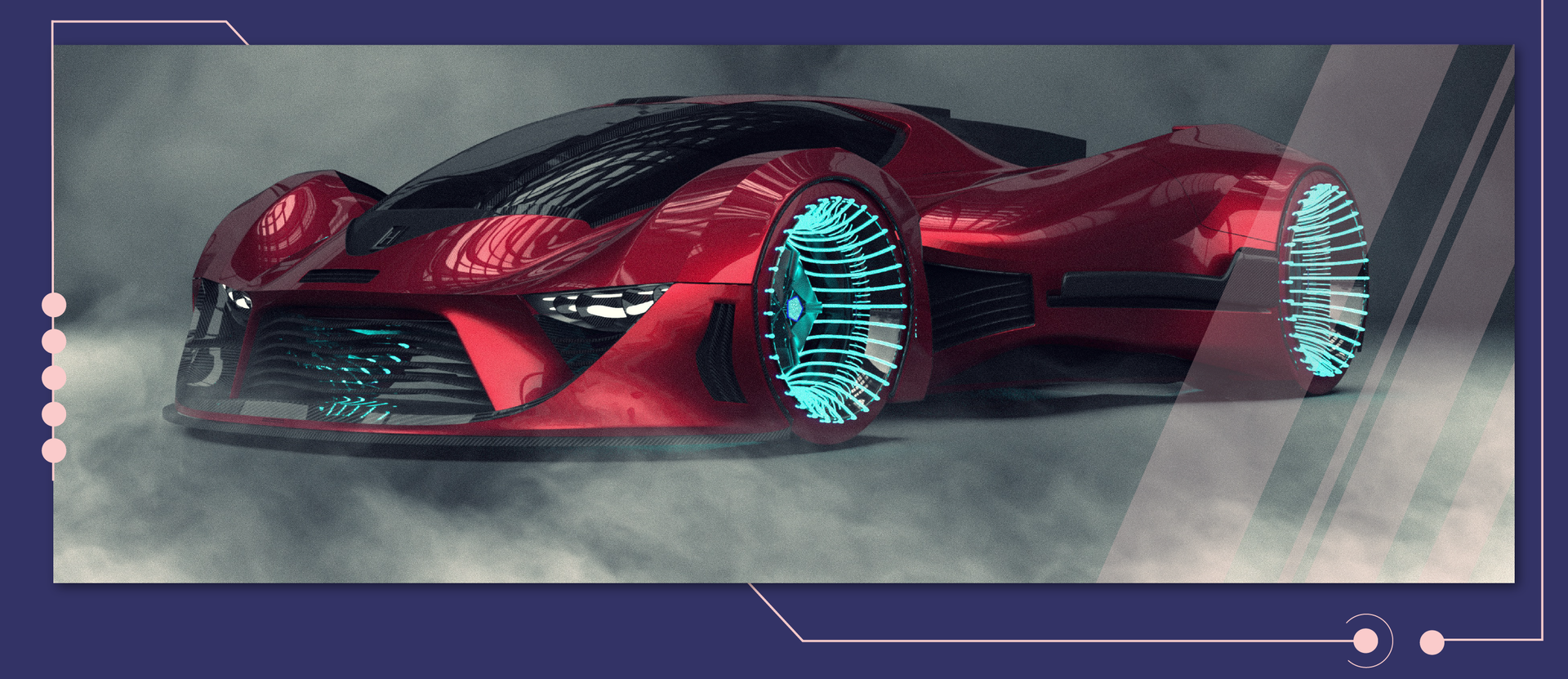 Ilustracja przedstawia futurystyczny samochód ze światełkami w miejscu opon.