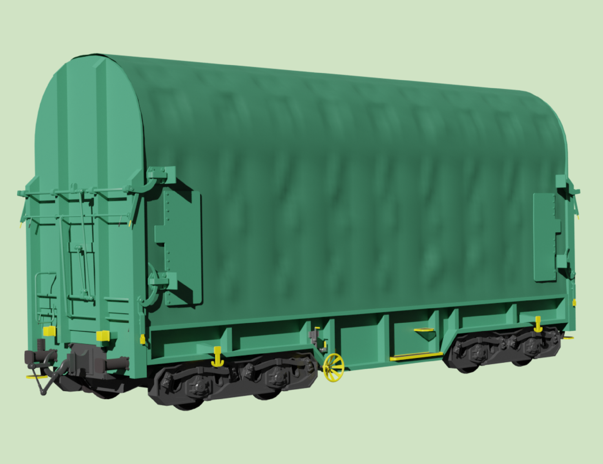 Grafika przedstawia wagon kryty. Na podwoziu z dwoma wózkami jezdnymi znajduje się pudło, którego ściany boczne i zaokrąglony sufit są zrobione z materiału rozciągniętego na rusztowaniu. Ściany przednia i tylna są metalowe i zaokrąglone w górnej części.