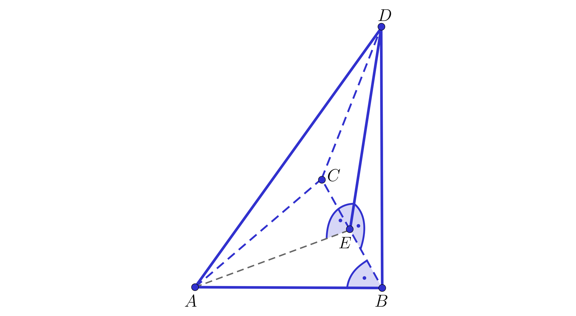 Ilustracja przedstawia ostrosłup o podstawie trójkąta prostokątnego A B C. Spodek wysokości E tego ostrosłupa leży na odcinku C B. Odcinek E D jest wysokością ściany bocznej ostrosłupa. 