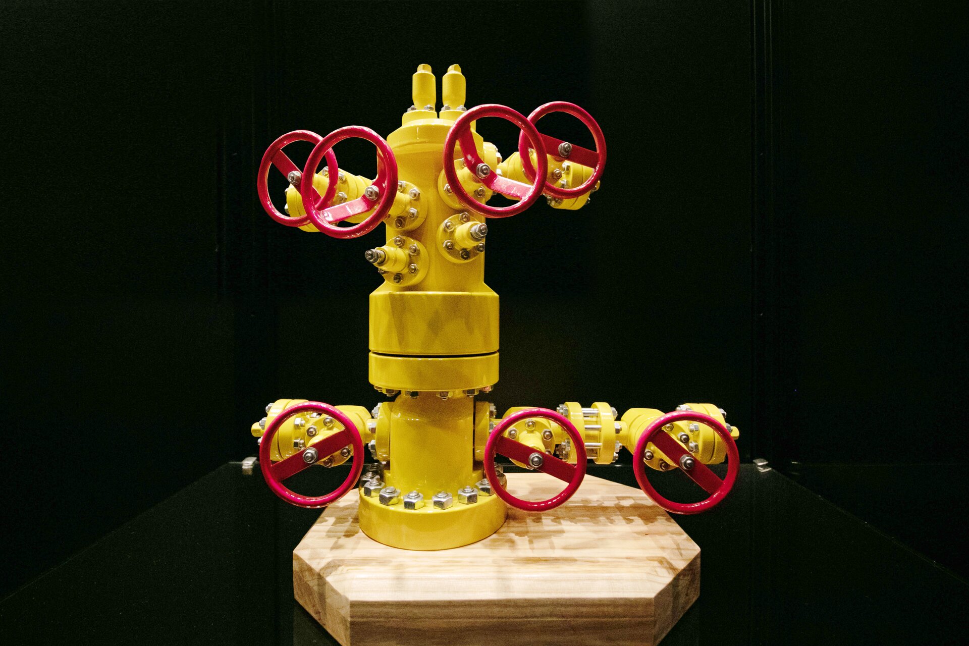 Na zdjęciu widać żółto‑czerwoną głowicę eksploatacyjną typu Solid Block, czyli urządzenia montowanego na szczycie odwiertu, w celu zamknięcia wylotu otworu wiertniczego, aby nie doprowadzić do niekontrolowanego ujścia węglowodorów. U góry głowicy widoczne są dwa małe cylindryczne elementy o orientacji pionowej. Są to korki. Korki są względem siebie równoległe. Korki osadzone są na żółtym korpusie. Korpus składa się z dwóch elementów o kształcie cylindrycznym połączonych w połowie wysokości korpusu połączeniem kołnierzowym. W  dolnej części korpusu widoczne są po prawej i lewej stronie przyłącza rurowe. Przyłącze znajdujące się po prawej stronie składa się z odcinków rurowych na których osadzone są dwie zasuwy ślimakowe. Pokrętła zasuw są okrągłe w kolorze czerwonym. Przez środek pokrętła przebiega czerwona prostokątna blaszka. Po drugiej stronie głowicy znajduje się przyłącze rurowe z jednym pokrętłem do zasuwy ślimakowej.W górnej części głowicy poniżej korka znajdują się dwa przyłącza rurowe. Przyłącza umieszczone są na tej samej wysokości po obu stronach głowicy. Zarówno przyłącze po lewej stronie jak i po prawej stronie składa się z odcinków rurowych na których znajdują się dwie zasuwy suwakowe. Pierwsze pokrętło dla zasuwy po prawej i lewej stronie znajduje się na brzegu korpusu głowicy. Drugie pokrętło znajduje się na odcinku rurowym. Pokrętła są takiego samego koloru, kształtu i wielkości jak w przypadku pokręteł do zasuw znajdujących się w dolnej części głowicy.Podstawą głowicy jest połączenie kołnierzowe.Głowica umieszczona jest na drewnianej sześciokątnej płycie. Tło za głowicą jest czarne.