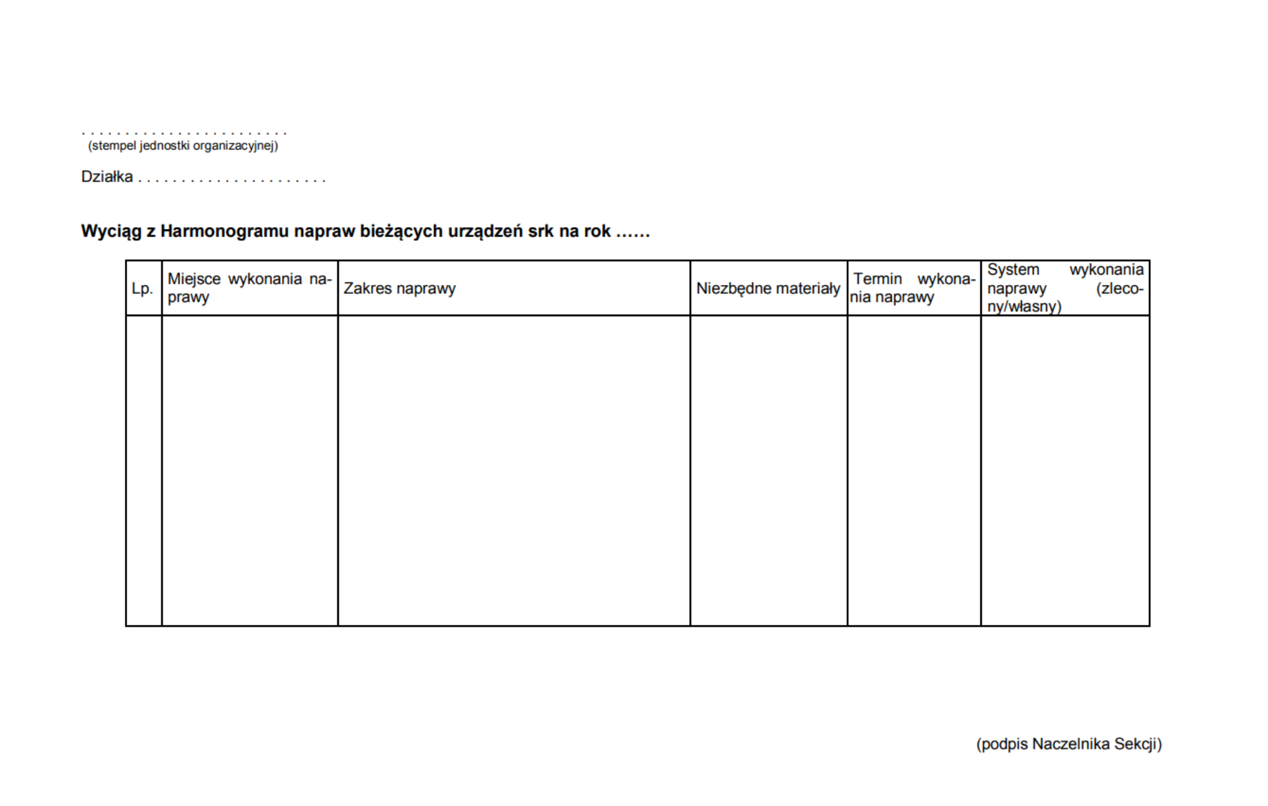 Wyciąg z harmonogramu napraw bieżących urządzeń SRK
