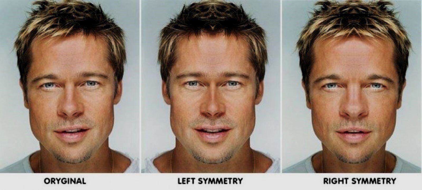 Na zdjęciu znajdują się trzy fotografie znanego aktora Brada Pitta. Środkowa jest autentycznym zdjęciem, a dwie pozostałe są komputerową symulacją twarzy, która byłaby idealnie symetryczna.