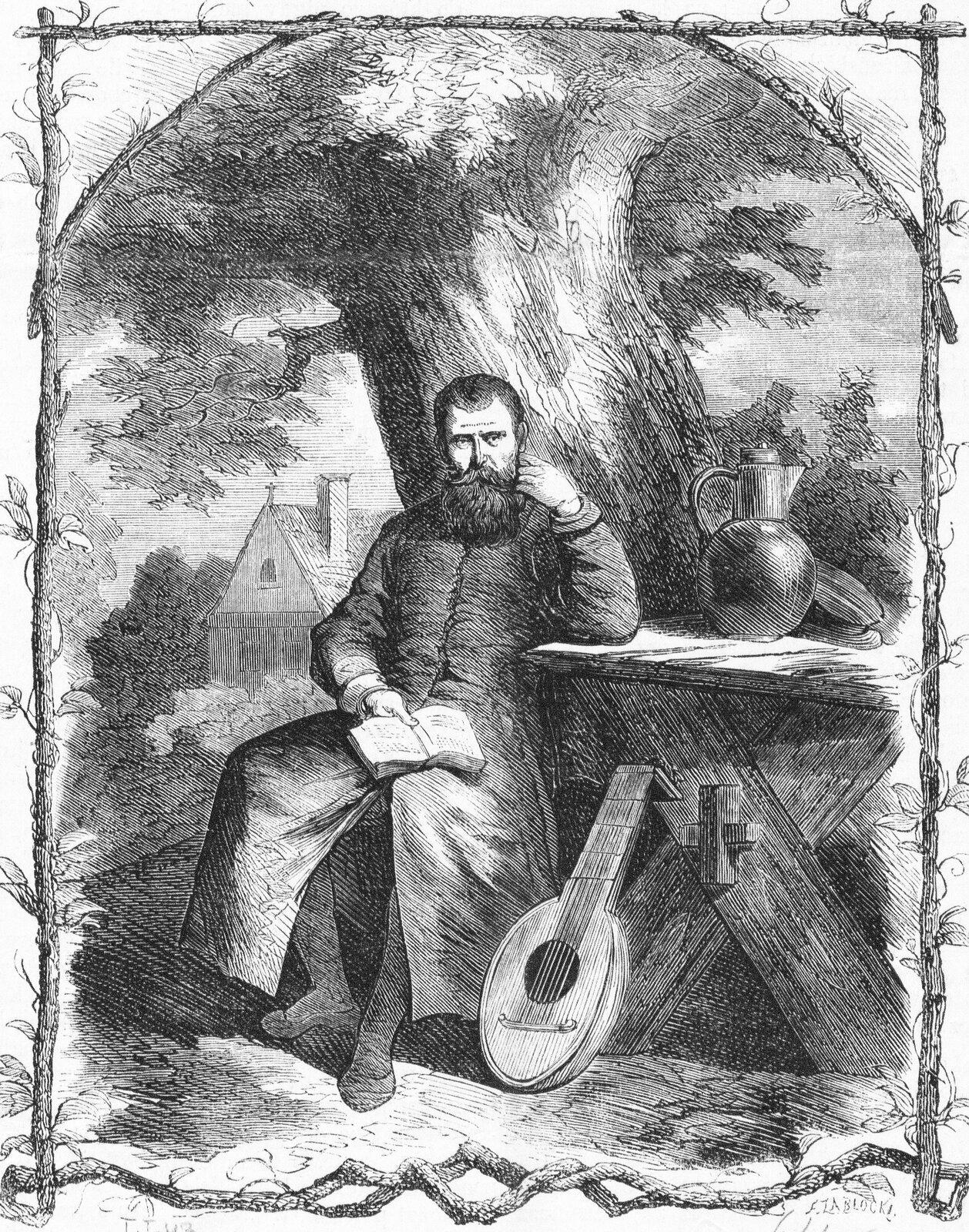 Ilustracja przedstawia dojrzałego mężczyznę z długą brodą z wąsami, który siedzi pod drzewem. Trzyma otwartą książkę. Ma rękę opartą na stole, na którym stoi dzbanek. O stół oparta jest gitara. 