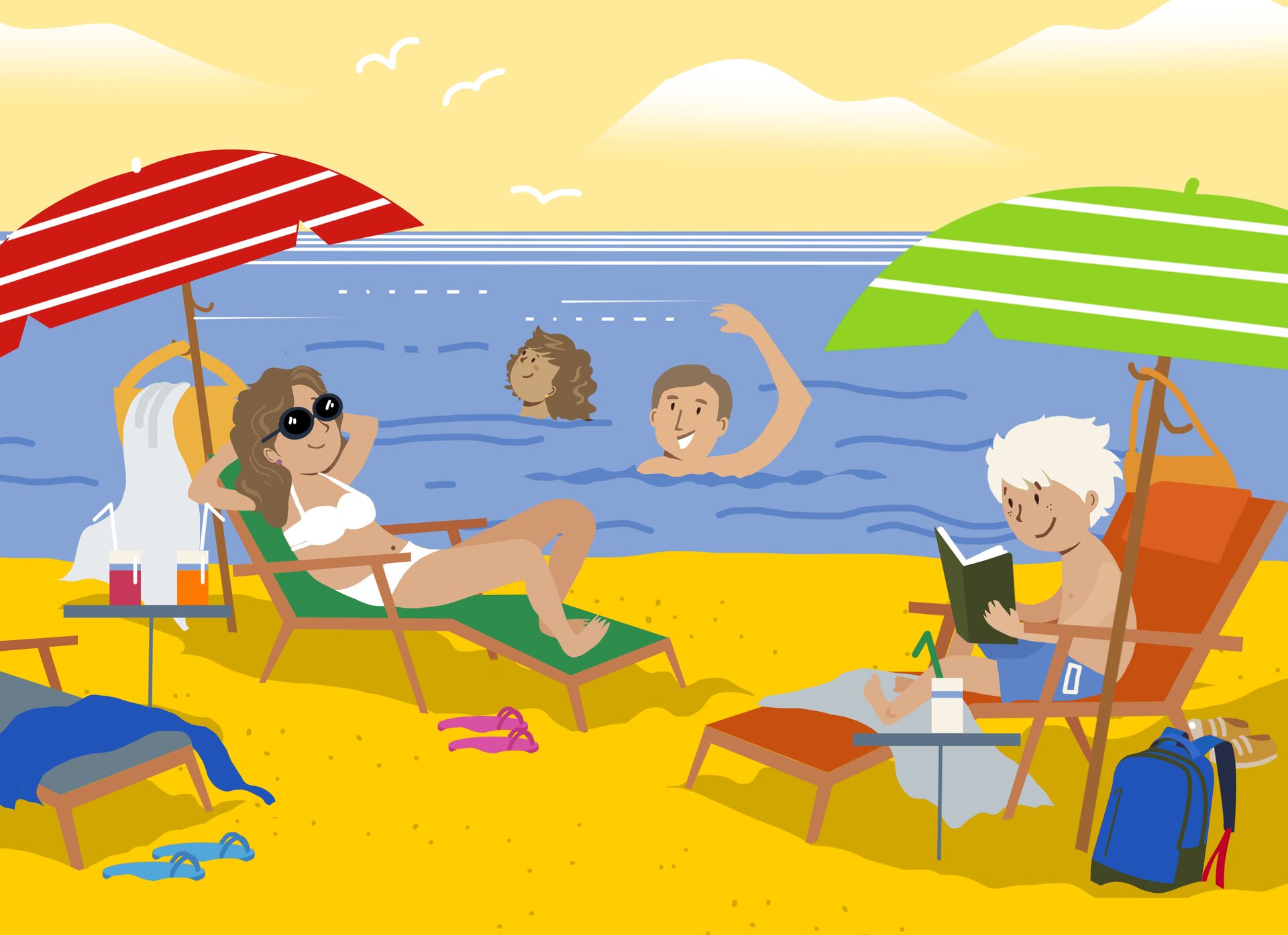 Ilustracja przedstawia relaksującą scenerię nad morzem. Na leżakach w cieniu parasoli odpoczywają kobieta w okularach przeciwsłonecznych i chłopiec z zanurzoną w książce głową. W tle, w spokojnej wodzie, można dostrzec pływającą dziewczynkę oraz mężczyznę machającego ręką. 

