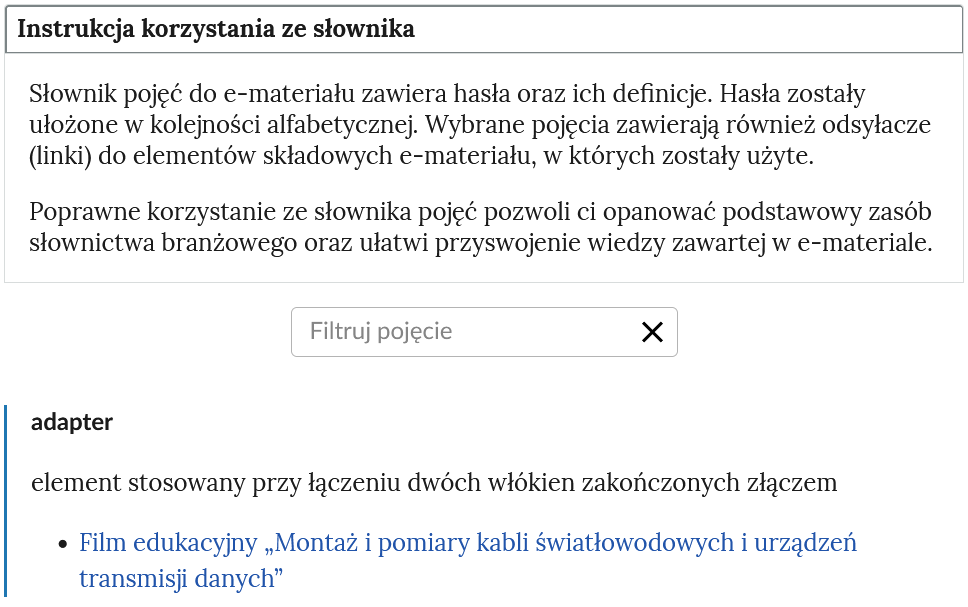 Grafika przedstawia przykładowy widok otwartej zakładki instrukcji korzystania ze słownika. Pod nazwą zakładki znajduje się prostokątny panel filtruj pojęcie i znak iks. Poniżej znajduje się hasło oraz treść definicji.