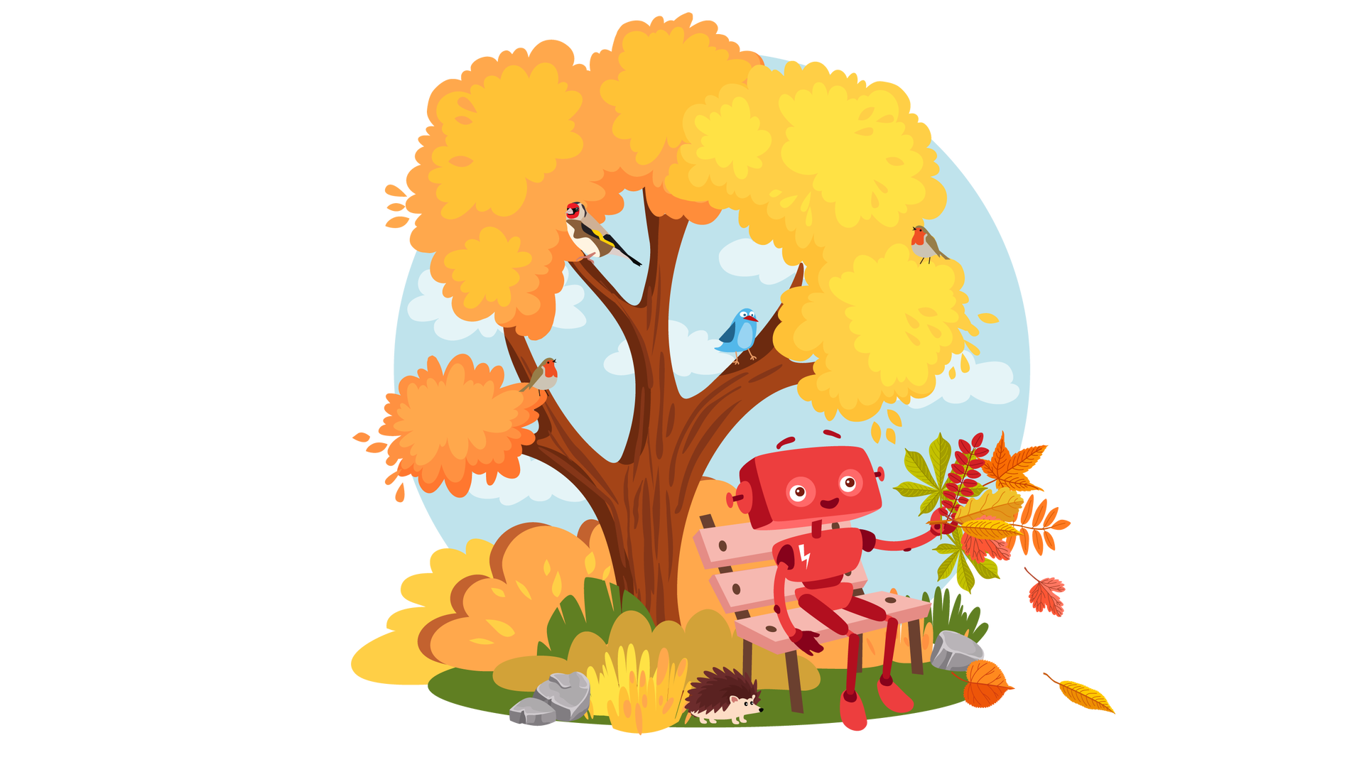 Ilustracja przedstawia park jesienią. W tle widać błękitne niebo z jasnymi chmurami. Dookoła rosną żółte, pomarańczowe i brązowe krzewy i wysokie trawy. Na środku stoi drzewo o liściach w jesiennych barwach. Na drzewie siedzą cztery ptaki. Pierwszy od lewej to rudzik. Jest to ptak, który ma czerwone upierzenie na szyi, jasnobrązowe na brzuchu i brązowe na grzbiecie i skrzydłach. Drugi ptak to szczygieł. Ma biały brzuszek, żółto‑czarne skrzydła, czerwone upierzenie na głowie i brązowe na grzbiecie oraz pod skrzydłami. Trzeci to niebieski ptak o ciemnoniebieskich skrzydłach, czerwonym dziobie i pomarańczowych nóżkach. Czwartym ptakiem jest kolejny rudzik. Pod drzewem leżą dwa szare kamienie, obok których idzie brązowy jeż. Na prawo od jeża stoi jasnoróżowa ławka. Na ławce siedzi uśmiechnięty Zgrzytek. Jest to czerwony robot o prostokątnej głowie z krótkimi antenkami zamiast uszu, dwiema rękami i dwiema nogami. Na przedniej części jego tułowia widnieje biały znaczek w postaci błyskawicy. Zgrzytek trzyma w lewej ręce bukiet jesiennych liści. Kilka liści opada na ziemię.
