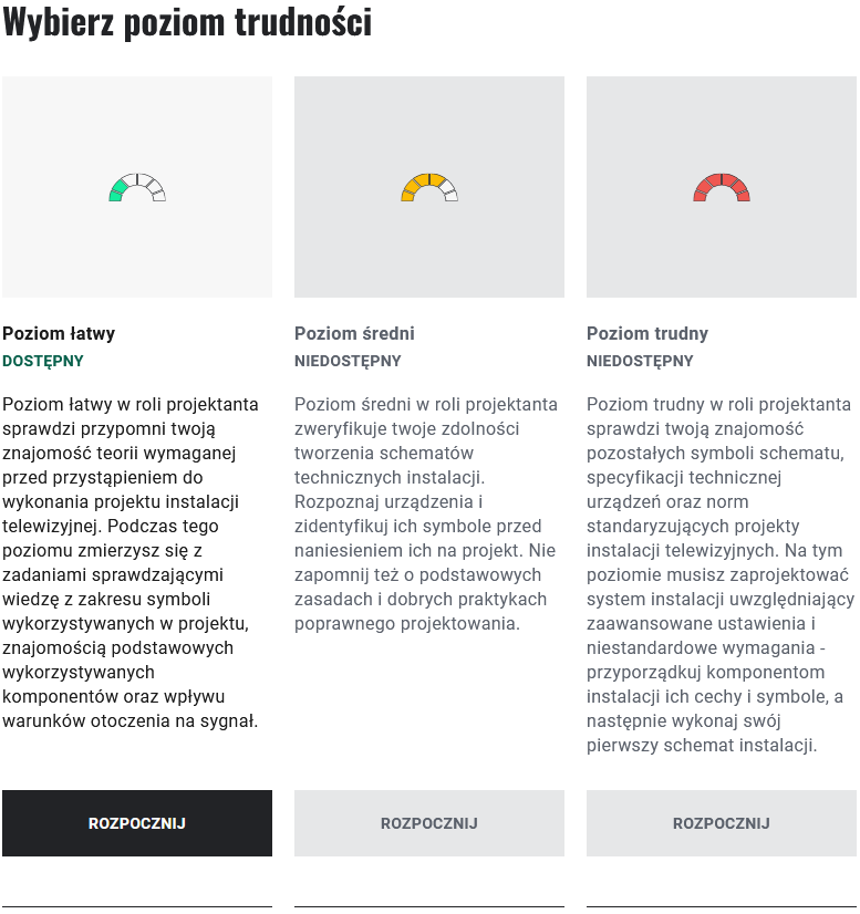 Grafika przedstawia okno wyboru poziomu gry. Obok siebie znajdują się opisane kwadraty z grafiką łuku wypełnionego kolorem zielonym lub czerwonym, w zależności od poziomu: łatwy średni trudny. Uczeń przechodzi do gry po kliknięciu przycisku "Rozpocznij".
