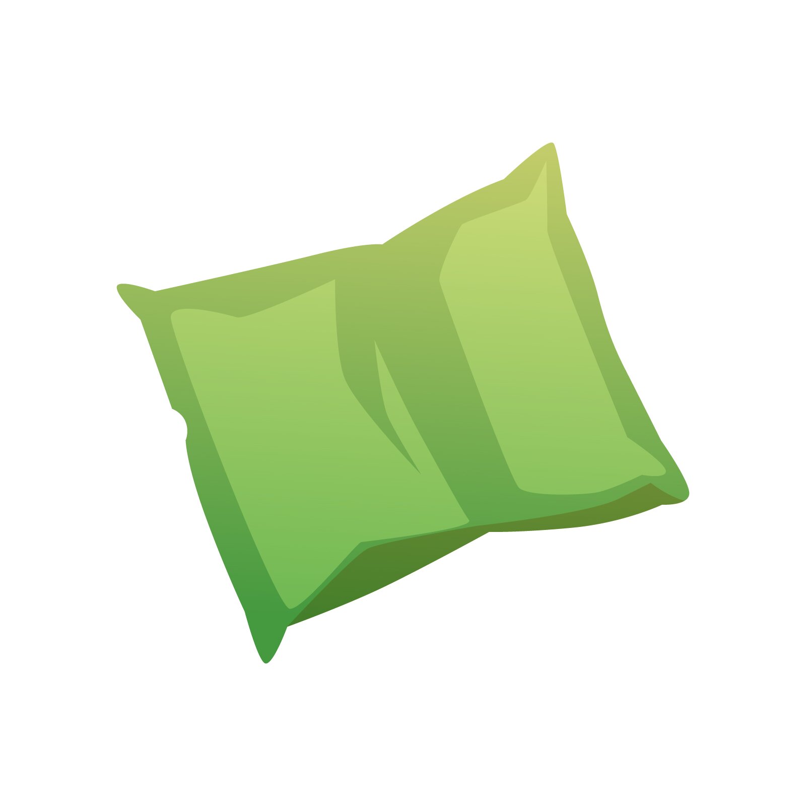 Ilustracja przedstawia zieloną poduszkę. Poduszka posiada cztery rogi.