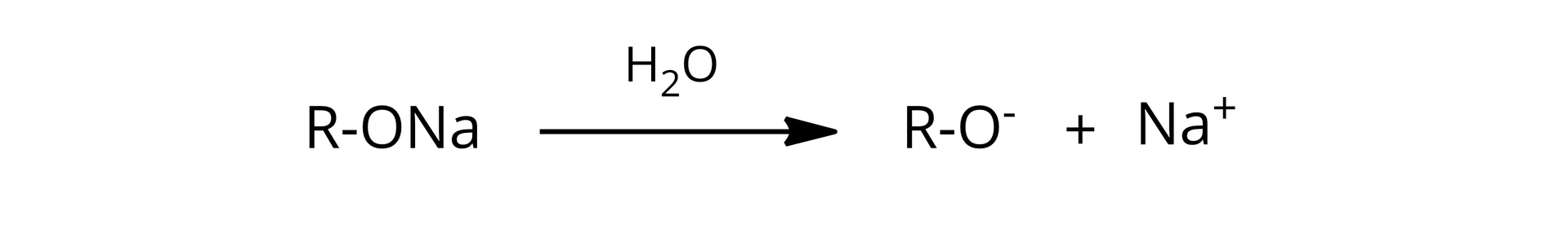 Ilustracja przedstawiająca reakcję hydrolizy alkoholanu sodu. Cząsteczka alkoholanu sodu RONa, strzałka w prawo, nad strzałką cząsteczka wody. Za strzałką anion alkoholanowy RO- dodać kation sodowy Na+.