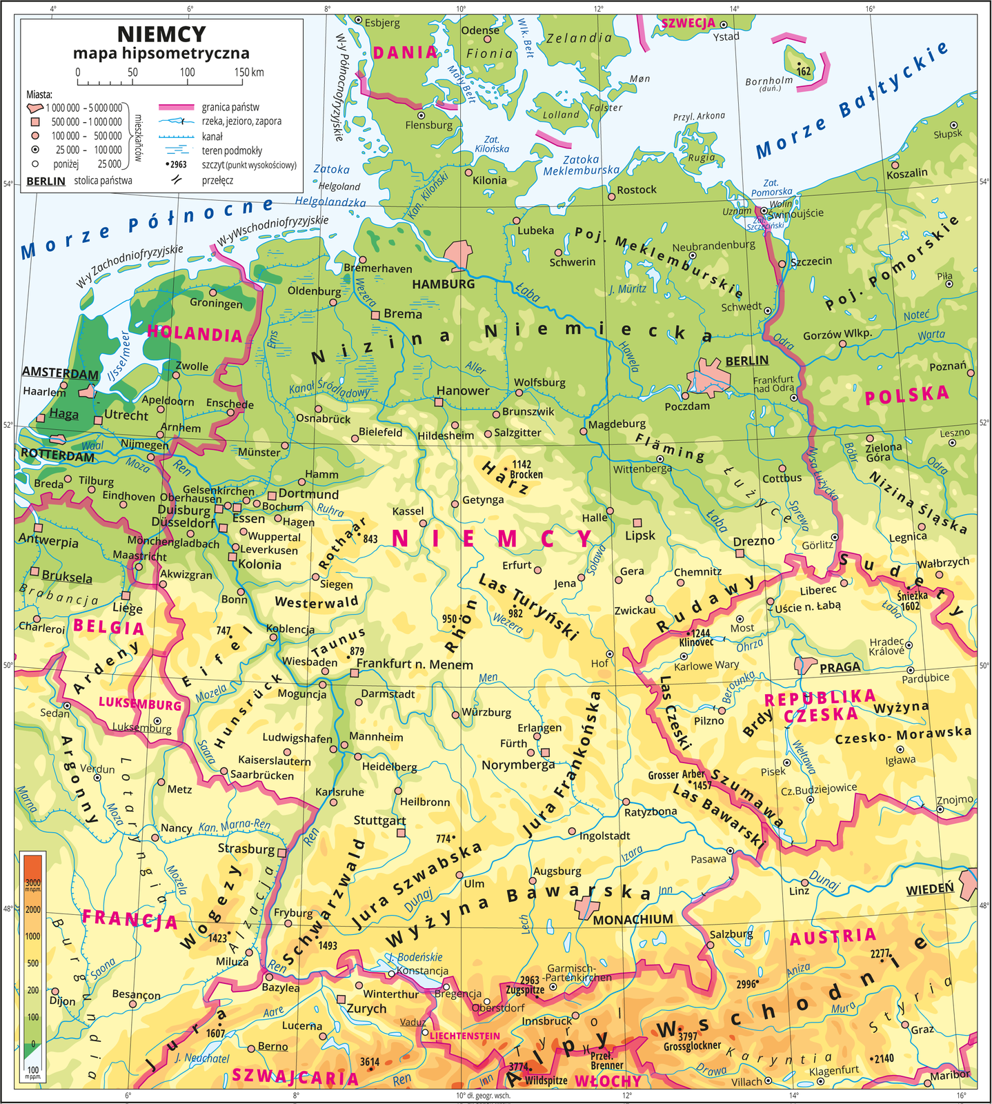 Ilustracja przedstawia mapę hipsometryczną Niemiec. W obrębie lądów występują obszary w kolorze zielonym, żółtym i pomarańczowym. Na północy przeważają obszary w kolorze zielonym przechodzące ku południowi w kolor żółty i pomarańczowy. Morza zaznaczono kolorem niebieskim. Na mapie opisano nazwy wysp, głównych nizin, wyżyn i pasm górskich, morza, zatok, rzek i jezior. Oznaczono i opisano główne miasta. Oznaczono czarnymi kropkami i opisano szczyty górskie. Różową wstążką oznaczono granice państw. Kolorem czerwonym opisano państwa sąsiadujące z Niemcami. Mapa pokryta jest równoleżnikami i południkami. Dookoła mapy w białej ramce opisano współrzędne geograficzne co dwa stopnie. W legendzie umieszczono i opisano znaki użyte na mapie.