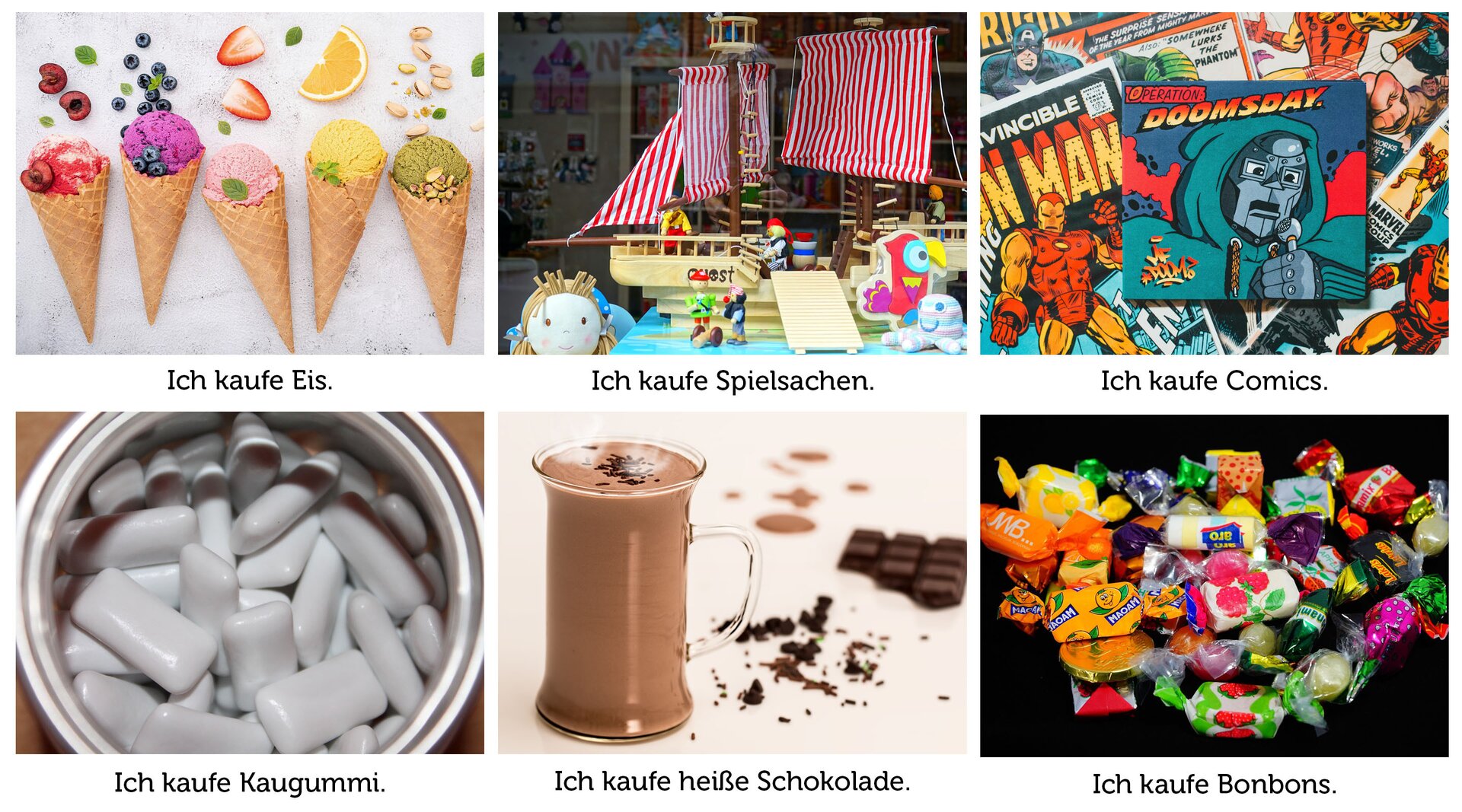 Widoczne są ilustracje rzeczy do kupienia. Są podpisane kolejno. Ich kaufe Eis. Ich kaufe Spielsachen. Ich kaufe Comics. Ich kaufe Kaugummi. Ich kaufe heiße Schokolade. Ich kaufe Bonbons.