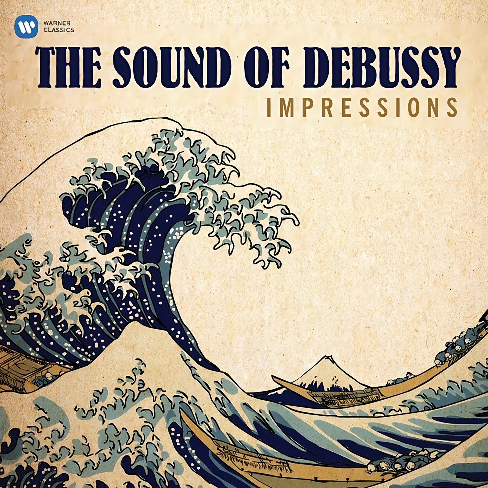 Na ilustracji przedstawiono okładkę płyty. Na górze znajduje się tytuł: „Impressions - The Sound Of Debussy” [czytaj: impreszyns - de sand of debusi]. Poniżej umieszczono rysunek spiętrzonych fal. Jedna z nich, po lewej stronie, jest wyższa niż inne i zawija się pod siebie. Między falami pływają łódki.