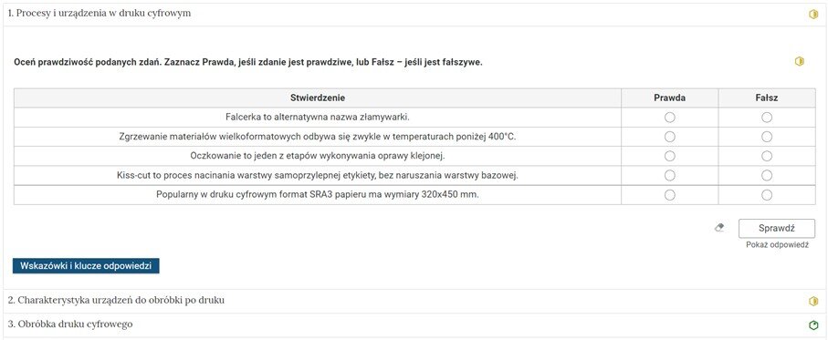 Grafika przedstawia widok zadania z listy zadań w Interaktywnych Materiałach Sprawdzających. Zadanie nr 1 ma tytuł ,,Procesy i urządzenia w druku cyfrowym''.