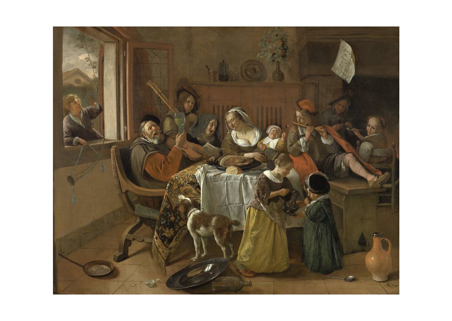 Obraz przedstawia grupę osób wokół stołu w pomieszczeniu. Jeden mężczyzna stoi za oknem, opiera się o parapet. W ręku trzyma instrument muzyczny. Ludzie przy stole śpiewają i grają na innych instrumentach. W pomieszczeniu panuje chaos i rozgardiasz. Przy stole stoi pies, na podłodze leżą naczynia, ze stołu zsuwa się obrus.