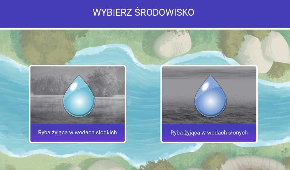 Grafika przedstawia widok na wybór postaci ryby. Są dwa okienka, jedno umożliwia wybór ryby z wód słodkich, a drugie ze słonych.