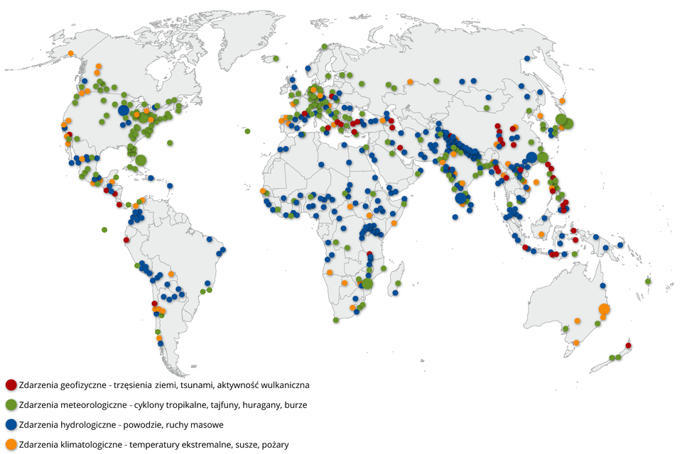 Na mapie świata zaznaczono miejsca katastrof naturalnych na świecie w 2019 roku. Zdarzenia geofizyczne - trzęsienia ziemi, tsunami, aktywność wulkaniczna: Ameryka Łacińska, Europa Południowa, wschodnia i południowa część Azji, zachodnie wybrzeże Ameryki Południowej. Zdarzenia meteorologiczne - cyklony tropikalne, tajfuny, huragany, burze: Ameryka Północna, Karaiby, Europa Zachodnia, Afryka poludniowo‑wschodnia i pas centralny, wschodnia i południowa Azja. Zdarzenia hydrologiczne - powodzie, ruchy masowe: Azja centralna, południowa i wschodnia część, centralna Afryka, ale w mniejszym stopniu północ i południe kontynentu, środkowa, zachodnia Europa, północna część USA, Meksyk, zachodnia, północno‑zachodnia, wschodnia część Ameryki Południowej. Zdarzenia klimatologiczne - temperatury ekstremalne, susze, pożary: wschodnia część Ameryki Północnej, północ Ameryki Południowej, południe i centralny pas Afryki, północ i południe Europy, południe i wschód Azji, wschód i południe Australii.      