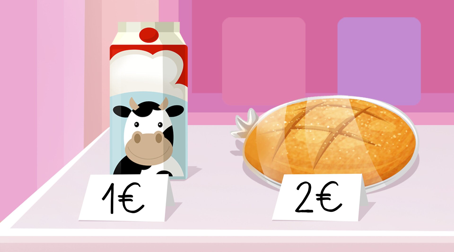 Ilustracja przedstawia dwa wycenione produkty. Za chleb trzeba zapłacić dwa euro, a za mleko jedno euro.