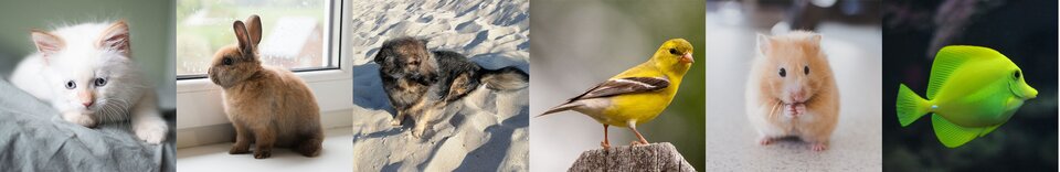 Zdjęcia przedstawiają sześć różnych zwierząt. Są to: biały kot leżący na poduszce, jasnobrązowy królik siedzący na parapecie okna, pies o maści szaro-brązowej siedzący na piasku, niewielki ptak o żółtej barwie z brązowymi piórkami na skrzydłach, jasnobrązowy chomik i zielona rybka.