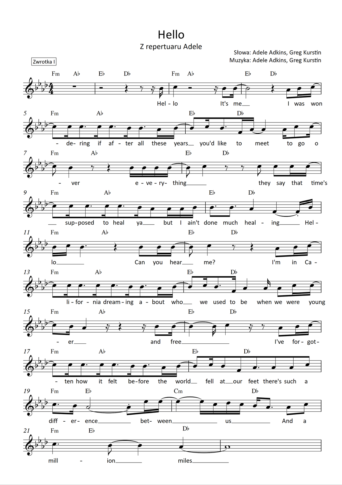Fragment zapisu nutowego do utworu „Hello” z repertuaru Adele Grafika przedstawia część partytury do utworu „Hello” z repertuaru wokalistki Adele. Słowa oraz muzyka są autorstwa Adele Adkins oraz Grega Kurstina. Utwór jest napisany w metrum cztery czwarte, w tonacji As‑dur. Wszystkie dźwięki znajdują się w obrębie oktaw razkreślnej, dwukreślnej oraz trzykreślnej i są zapisane w kluczu wiolinowym.
Pierwsze dwadzieścia dwa takty to pierwsza zwrotka utworu.
W pierwszym takcie zapisano pauzę całonutową; w takcie grane są akordy: f‑moll na pierwsze dwie miary oraz As‑dur na miary trzecią oraz czwartą. W drugim takcie na pierwsze dwie miary zapisano pauzę półnutową, dalej ćwierćnutową na miarę trzecią; na miarę czwartą oznaczono pauzę ósemkową oraz szesnastkową, a na koniec taktu szesnastkę b. Nad taktem zapisano akordy: Es‑dur na pierwsze dwie miary oraz Des‑dur na miary trzecią oraz czwartą. W trzecim takcie na pierwszą miarę śpiewana jest ćwierćnuta c, na kolejne dwie miary zapisano pauzę półnutową, a następnie na miarę czwartą pauzę szesnastkową, ósemkę b oraz szesnastkę b, przedłużoną do kolejnego taktu. Nad taktem zapisano akordy: f‑moll na pierwsze dwie miary oraz As‑dur na miary trzecią oraz czwartą. W takcie czwartym na pierwszą miarę zapisano przedłużoną z poprzedniego taktu półnutę b, na miarę trzecią pauzę ćwierćnutową, a na czwartą miarę ósemkę as oraz szesnastki: b i c, przy czym c przedłużono do kolejnego taktu. Nad taktem zapisano akordy: Es‑dur na pierwsze dwie miary oraz Des‑dur na miary trzecią oraz czwartą.
W takcie piątym na pierwszą miarę zapisano przedłużoną z poprzedniego taktu ósemkę c, a następnie szesnastkę c, ósemkę z kropką c, kolejną szesnastkę c oraz ósemkę z kropką c. Dalej śpiewane są: szesnastka b, ósemka z kropką b, szesnastka as oraz szesnastka b, przedłużona do kolejnego taktu. W takcie grane są akordy: f‑moll na pierwsze półtorej miary oraz As‑dur, od miary dwa i do końca. W szóstym takcie na pierwszą miarę zapisana jest ósemka b, przedłużona z poprzedniego taktu, a dalej szesnastka c, ósemka z kropką b oraz szesnastki f oraz as, przy czym as jest przedłużone o ćwierćnutę na trzecią miarę. Na miarę czwartą śpiewane są: szesnastka as, ósemka c oraz szesnastka c. W takcie grane są akordy: Es‑dur na pierwsze półtorej miary oraz Des‑dur w pozostałej części taktu.
Siódmy takt rozpoczyna się od przedłużonej z poprzedniego taktu ósemki c, po której śpiewana jest ćwierćnuta b. Dalej zapisano pauzy: ósemkową oraz ćwierćnutową (tą drugą na trzecią miarę), a na miarę czwartą cztery szesnastki b, z czego ostatnia została przedłużona do kolejnego taktu. W takcie grane są akordy: f‑moll na pierwsze półtorej miary oraz As‑dur w pozostałej części taktu. Ósmy takt rozpoczyna się od ósemki b, przedłużonej z taktu poprzedniego, po którym śpiewana jest ćwierćnuta c, a dalej zapisano pauzę ósemkową. Na trzecią miarę zapisana jest kolejna pauza ósemkowa oraz ósemka c, a dalej, na miarę czwartą, ósemka c oraz dwie szesnastki c, z czego ostatnia jest przedłużona do kolejnego taktu. W takcie grane są akordy: Es‑dur na pierwsze półtorej miary oraz Des‑dur w pozostałej części taktu.
W takcie dziewiątym na pierwszą miarę zapisano przedłużoną z poprzedniego taktu ósemkę c, a następnie szesnastkę c, ósemkę z kropką c, kolejną szesnastkę c oraz ósemkę z kropką c. Dalej śpiewane są: szesnastka b, ósemka as, dwie szesnastki as oraz szesnastka b. W takcie grane są akordy: f‑moll na pierwsze półtorej miary oraz As‑dur, od miary dwa i do końca. Takt dziesiąty rozpoczyna się od dwóch ósemek z kropką b, po których śpiewana jest ćwierćnuta as, a następnie ćwierćnuta f, przedłużona o szesnastkę. Pod koniec taktu śpiewana jest jeszcze szesnastka b. W takcie grane są akordy: Es‑dur na pierwsze półtorej miary oraz Des‑dur w pozostałej części taktu.
W jedenastym takcie na pierwsze dwie miary śpiewane są dwie szesnastki: b oraz c, a następnie ćwierćnuta z kropką b. Na drugą miarę zapisano pauzę ćwierćnutową, a na miarę czwartą ósemkę b oraz dwie szesnastki b, z czego druga jest przedłużona do kolejnego taktu. W takcie grane są akordy: f‑moll na pierwsze półtorej miary oraz As‑dur w pozostałej części taktu. Takt dwunasty rozpoczyna się od przedłużonej z taktu poprzedniego ósemki b, po której śpiewana jest ćwierćnuta c. Dalej zapisano pauzę ósemkową oraz, na miarę trzecią, pauzę ćwierćnutową. Na czwartą miarę śpiewane są: ósemka as, szesnastka b oraz szesnastka c, przedłużona do kolejnego taktu. W takcie grane są akordy: Es‑dur na pierwsze półtorej miary oraz Des‑dur w pozostałej części taktu.
W takcie trzynastym na pierwszą miarę zapisano przedłużoną z poprzedniego taktu ósemkę c, a następnie szesnastkę c, ósemkę z kropką c, kolejną szesnastkę c oraz ósemkę z kropką c. Dalej śpiewane są: szesnastka b, ósemka z kropką b, szesnastka as oraz szesnastka b, przedłużona do kolejnego taktu. W takcie grane są akordy: f‑moll na pierwsze półtorej miary oraz As‑dur w pozostałej części taktu. W czternastym takcie na pierwszą miarę zapisana jest ósemka b, przedłużona z poprzedniego taktu, a dalej szesnastka c, ósemka z kropką b oraz szesnastka f. Następnie wykonywana jest ćwierćnuta as oraz szesnastka as. Na miarę czwartą śpiewane są: ósemka as oraz dwie szesnastki c, z czego druga przedłużona jest do kolejnego taktu. W takcie grane są akordy: Es‑dur na pierwsze półtorej miary oraz Des‑dur w pozostałej części taktu.
Takt piętnasty rozpoczyna się od ósemki c, przedłużonej z poprzedniego taktu, po której śpiewana jest szesnastka b oraz ćwierćnuta as. Dalej zapisano pauzę szesnastkową, na miarę trzecią pauzę ćwierćnutową, a na miarę czwartą pauzę szesnastkową, ósemkę b oraz szesnastkę b, która jest przedłużona do kolejnego taktu. W takcie grane są akordy: f‑moll na pierwsze półtorej miary oraz As‑dur w pozostałej części taktu. Szesnasty takt rozpoczyna się od ćwierćnuty b, przedłużonej z poprzedniego taktu; jest ona dodatkowo przedłużona o szesnastkę (na drugą miarę). Dalej śpiewana jest ćwierćnuta c, po której zapisano pauzę szesnastkową oraz ósemkową. Na miarę czwartą śpiewana jest ósemka as, szesnastka b oraz szesnastka c, przedłużona do kolejnego taktu. W takcie grane są akordy: Es‑dur na pierwsze półtorej miary oraz Des‑dur w pozostałej części taktu.
W takcie siedemnastym na pierwszą miarę zapisano przedłużoną z poprzedniego taktu ósemkę c, a następnie szesnastkę c, ósemkę z kropką c, kolejną szesnastkę c oraz ósemkę z kropką c. Dalej śpiewane są: szesnastka b, ósemka z kropką b, szesnastka as oraz szesnastka b, przedłużona do kolejnego taktu. W takcie grane są akordy: f‑moll na pierwsze półtorej miary oraz As‑dur w pozostałej części taktu. W osiemnastym takcie na pierwszą miarę zapisana jest przedłużona z taktu poprzedniego ósemka b, dalej szesnastka c, ósemka b, ósemka f, ósemka z kropką as, dwie ósemki as oraz ósemka c. W takcie grane są akordy: Es‑dur na pierwsze półtorej miary oraz Des‑dur w pozostałej części taktu.
Takt dziewiętnasty rozpoczyna się od ósemki z kropką c na pierwszą miarę, po której śpiewana jest szesnastka b. Na drugą i trzecią miarę śpiewana jest półnuta as, przedłużona o ósemkę do czwartej miary, a dalej dwie szesnastki es, z czego druga przedłużona jest do kolejnego taktu. W takcie grane są akordy: f‑moll na pierwsze półtorej miary oraz Es‑dur w pozostałej części taktu. Takt dwudziesty rozpoczyna się od ćwierćnuty es, przedłużonej z taktu poprzedniego; jest przedłużona na miarę drugą o kolejną szesnastkę. Dalej śpiewane są szesnastki: c, des oraz ponownie c, na miarę trzecią szesnastka b oraz ósemka z kropką as, a na miarę czwartą ósemki as oraz c. W takcie grane są akordy: c‑moll na pierwsze półtorej miary oraz Des‑dur w pozostałej części taktu.
W dwudziestym pierwszym takcie na pierwszą miarę śpiewana jest ćwierćnuta z kropką c, następnie ósemka b, przedłużona o ćwierćnutę, a na miarę czwartą ćwierćnuta as, przedłużona do kolejnego taktu. W takcie grane są akordy: f‑moll na pierwsze półtorej miary, Es‑dur od miary dwa i oraz Des‑dur na miarę czwartą. W takcie dwudziestym drugim zapisano wyłącznie całą nutę as, przedłużoną z poprzedniego taktu.