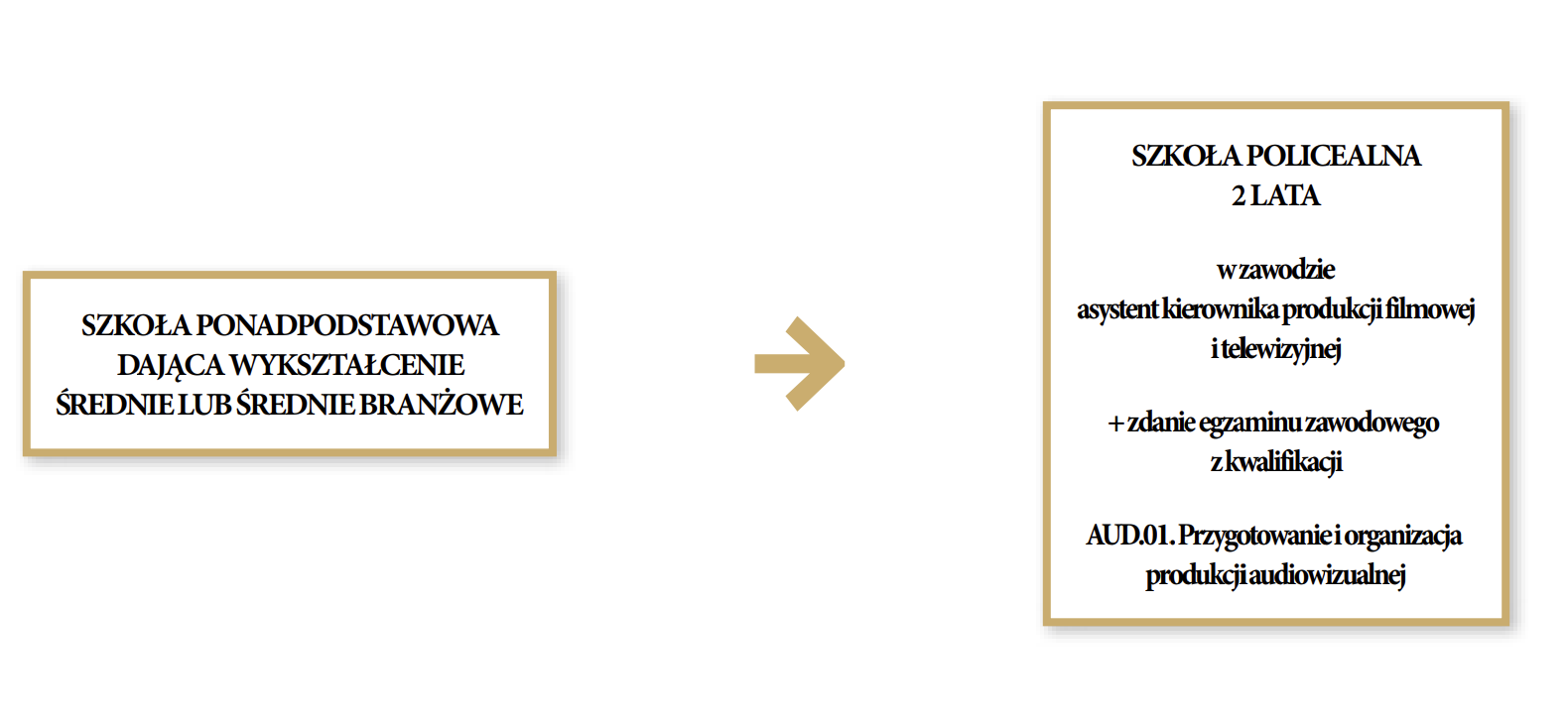 W grafice znajdują się dwie żółte ramki a między nimi strzałka wskazująca kierunek w prawo. W ramce po lewej znajdują się napisy: SZKOŁA PONADPODSTAWOWA DAJĄCA WYKSZTAŁCENIE ŚREDNIE LUB ŚREDNIE BRANŻOWE. W ramce po prawej stronie znajduje się napis: SZKOŁA POLICEALNA DWA LATA, poniżej w zawodzie asystent kierownika produkcji filmowej i telewizyjnej plus zdanie egzaminu zawodowego z kwalifikacji AUD.01. Przygotowanie i organizacja produkcji audiowizualnej.