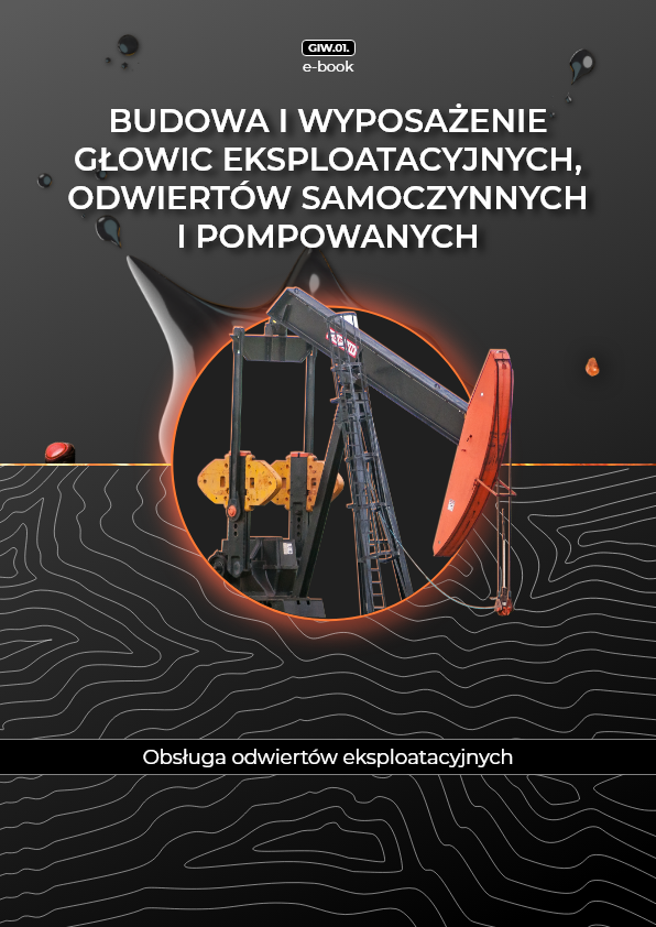 Na zdjęciu przedstawiona jest przykładowa okładka materiału.W górnej części okładki znajduje się przykładowy tytuł brzmiący: Budowa i wyposażenie głowic eksploatacyjnych, odwiertów samoczynnych i pompowych.Poniżej tytułu znajduje się grafika przedstawiający indywidualny żuraw pompowy czyli urządzenie wykorzystywane do wydobywania ropy naftowej z odwiertu. Żuraw pompowy ma czarną ramę w kształcie litery A. Na jej szczycie znajduje się czarne ramie o kształcie podłużnego prostokąta. Po prawej stronie ramienia, na jego końcu, znajduje się czerwona głowica. Głowica wraz z ramieniem ma kształt młotka. Z lewej strony ramienia znajduje się przeciwwaga o kształcie małego prostopadłościanu. Do obu powierzchni bocznych prostopadłościanu przymocowane są prostokątne elementy tak zwane pociągacze. Pociągacze połączone są z silnikiem znajdującym się po lewej stronie żurawia. Żuraw pompowy znajduje się w okrągłej wielokorowej ramce o barwach pomarańczowo‑żółtych. W górnej części okładki widoczne jest czarne tło. Na nim znajduje się dziewięć czarnych kropel.W dolnej części okładki na czarnym tle widoczne są szare wzorki przypominające poziomice, które są umieszczane na mapie sytuacyjno‑wysokościowej.Na dole okładki znajduje się czarny prostokąt z białym napisem brzmiącym: Obsługa odwiertów eksploatacyjnych.
