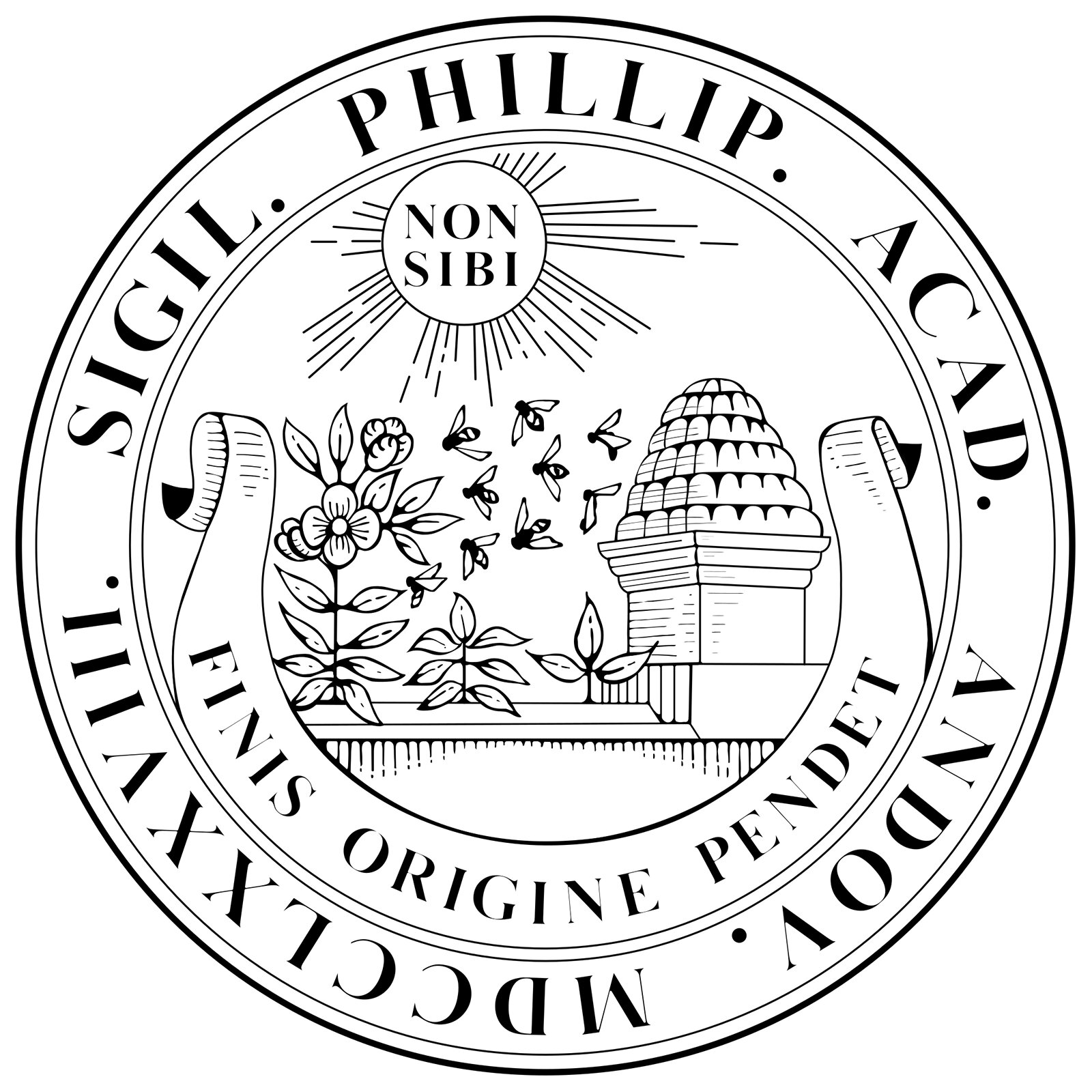 Grafika przedstawia herb Philips Academy, który jest okrągły i biało‑czarny. W centralnej części ukazano rysunek składający się z kwiatów oraz pszczół, nad którymi jest słońce z napisem: "NON SIBI". Dół rysunku wieńczy wstęga z napisem: "FINIS ORIGINE PENDET". Wokół całości jest obręcz z napisem: "SIGIL. PHILLIP. ACAD. ANDOV. MDCCLXXVIII."