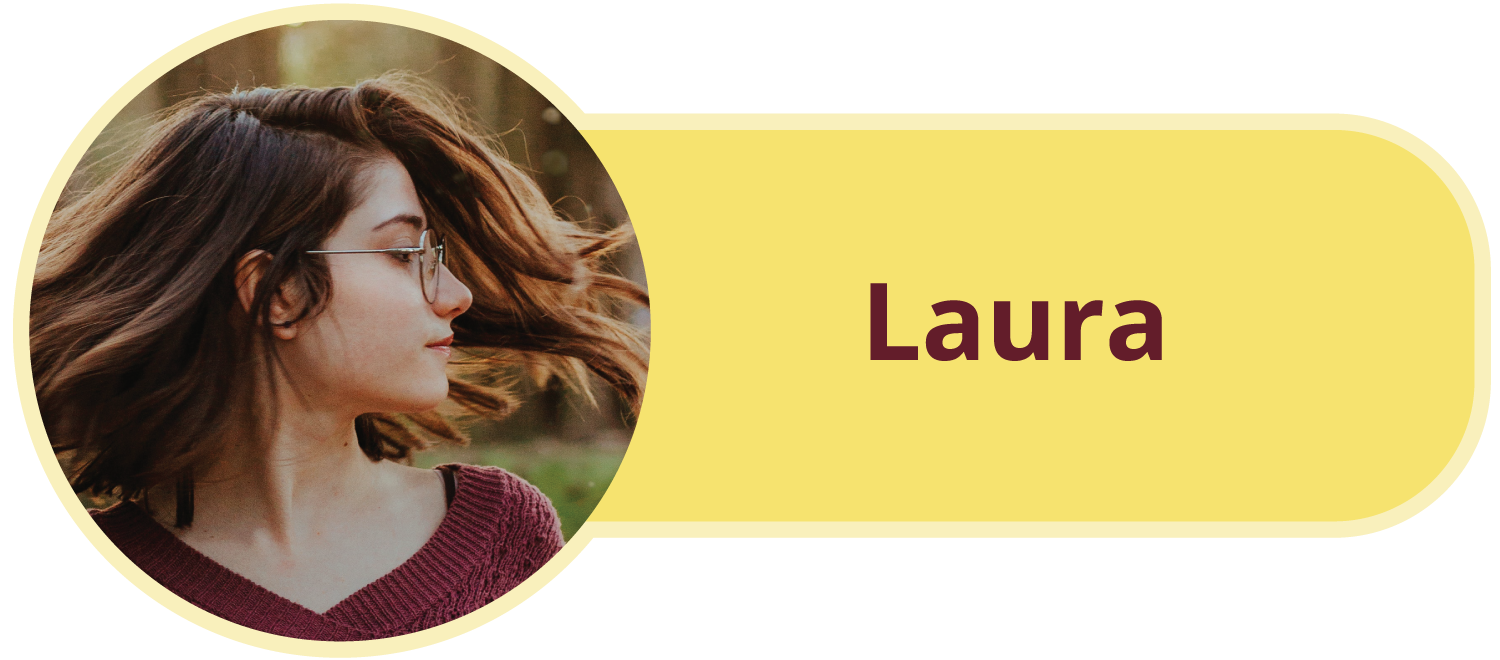 Ilustracja przedstawiająca zdjęcie dziewczyny w okularach i podpis Laura