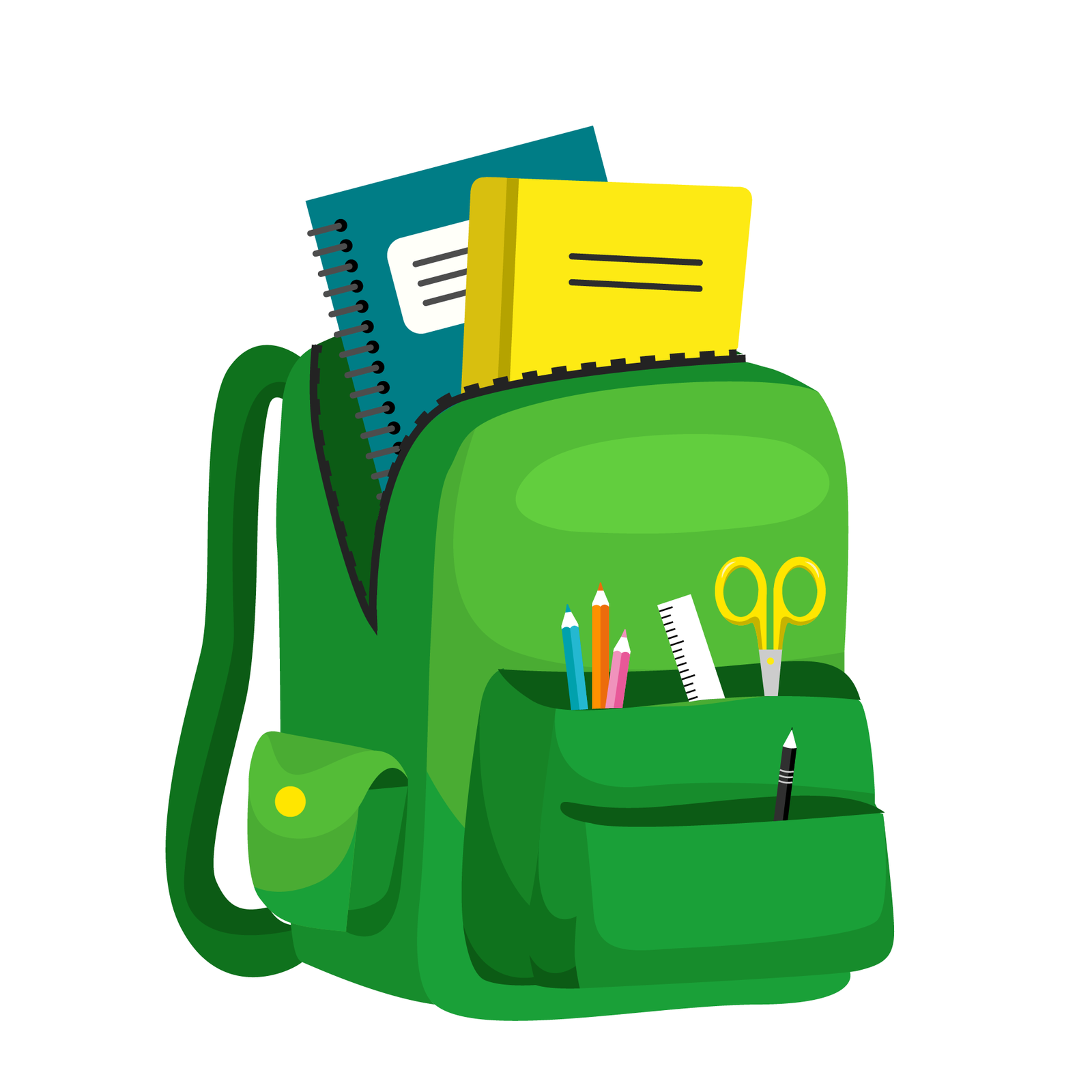 Grafika przedstawia plecak Adama koloru zielonego. W plecaku znajdują się dwa zeszyty, kredki, linijka, nożyczki oraz długopis. Nagranie dźwiękowe dostępne poniżej.