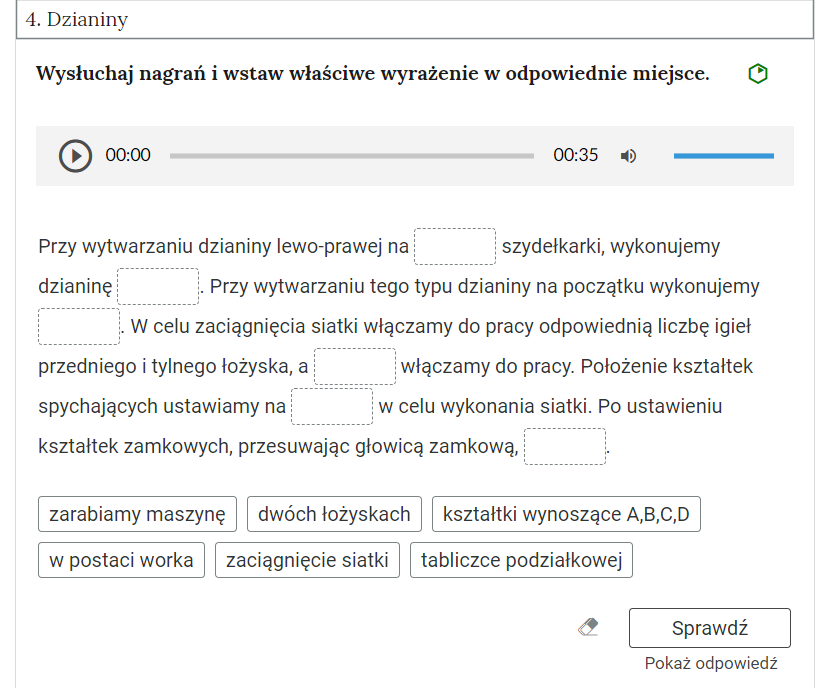 Grafika przedstawia widok na przykładowe ćwiczenie polegające na uzupełnieniu tekstu w otwartej zakładce. 