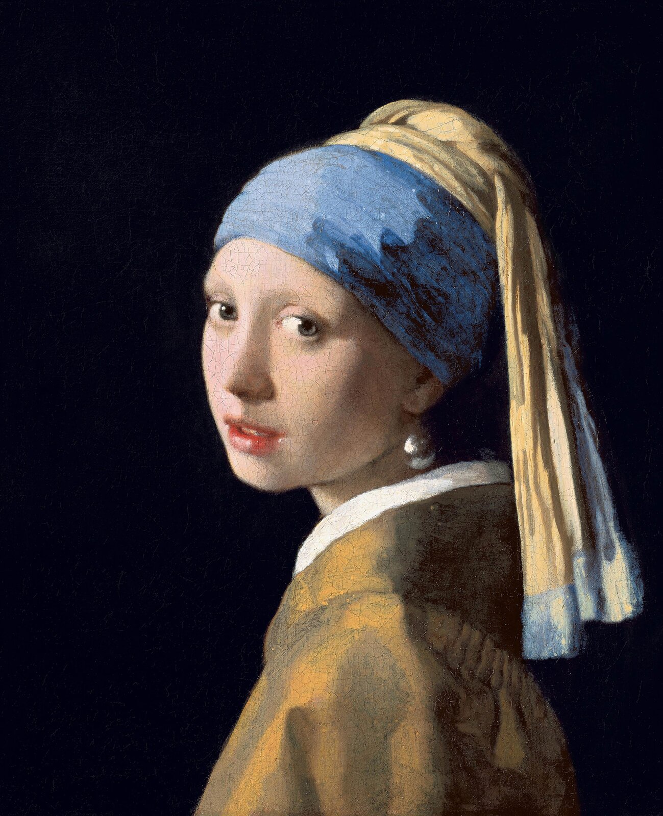 Obraz przedstawia popiersie młodej dziewczyny, która wygląda tak, jakby odwróciła się na dźwięk znajomego głosu. Z czernią tła kontrastują kolory jej stroju – brąz kubraczka, biel kołnierza oraz błękit i żółć okrycia głowy w kształcie turbanu. W uchu dziewczyny zawieszony jest kolczyk z perłą w kształcie łezki. 