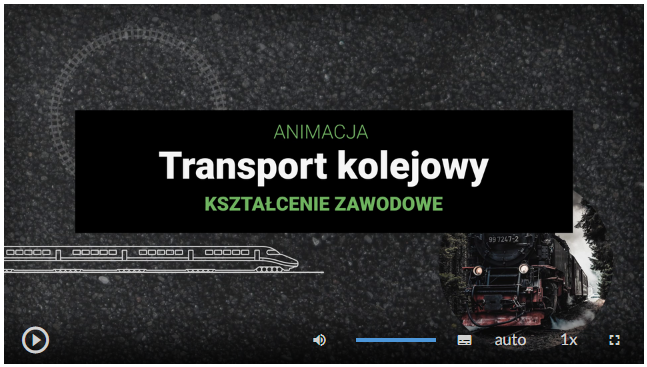 Ilustracja przedstawia planszę tytułową animacji o tytule transport kolejowy kształcenie zawodowe.